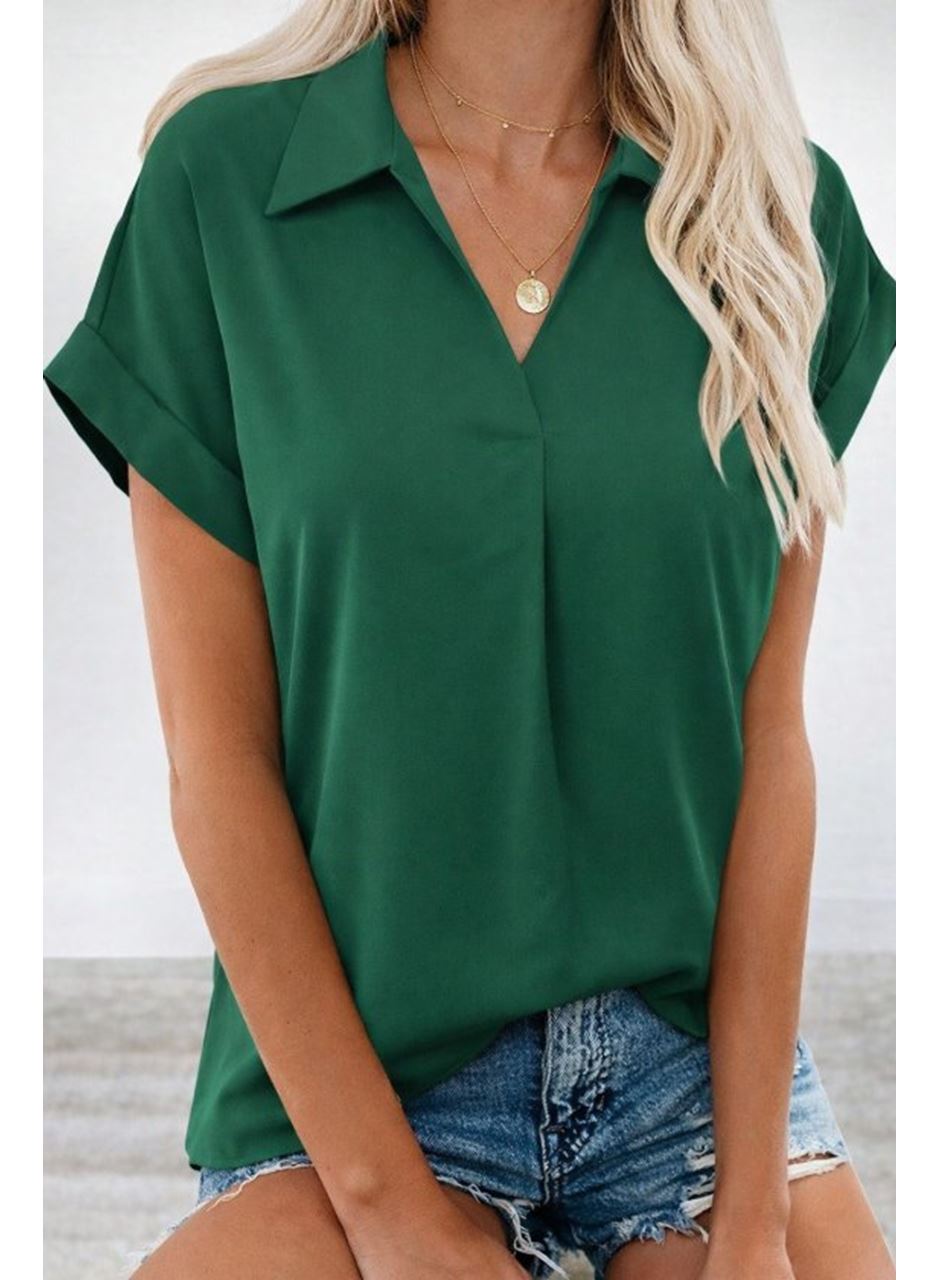 Kadın Kısa Kollu Yakalı Dokuma Viskon Bluz