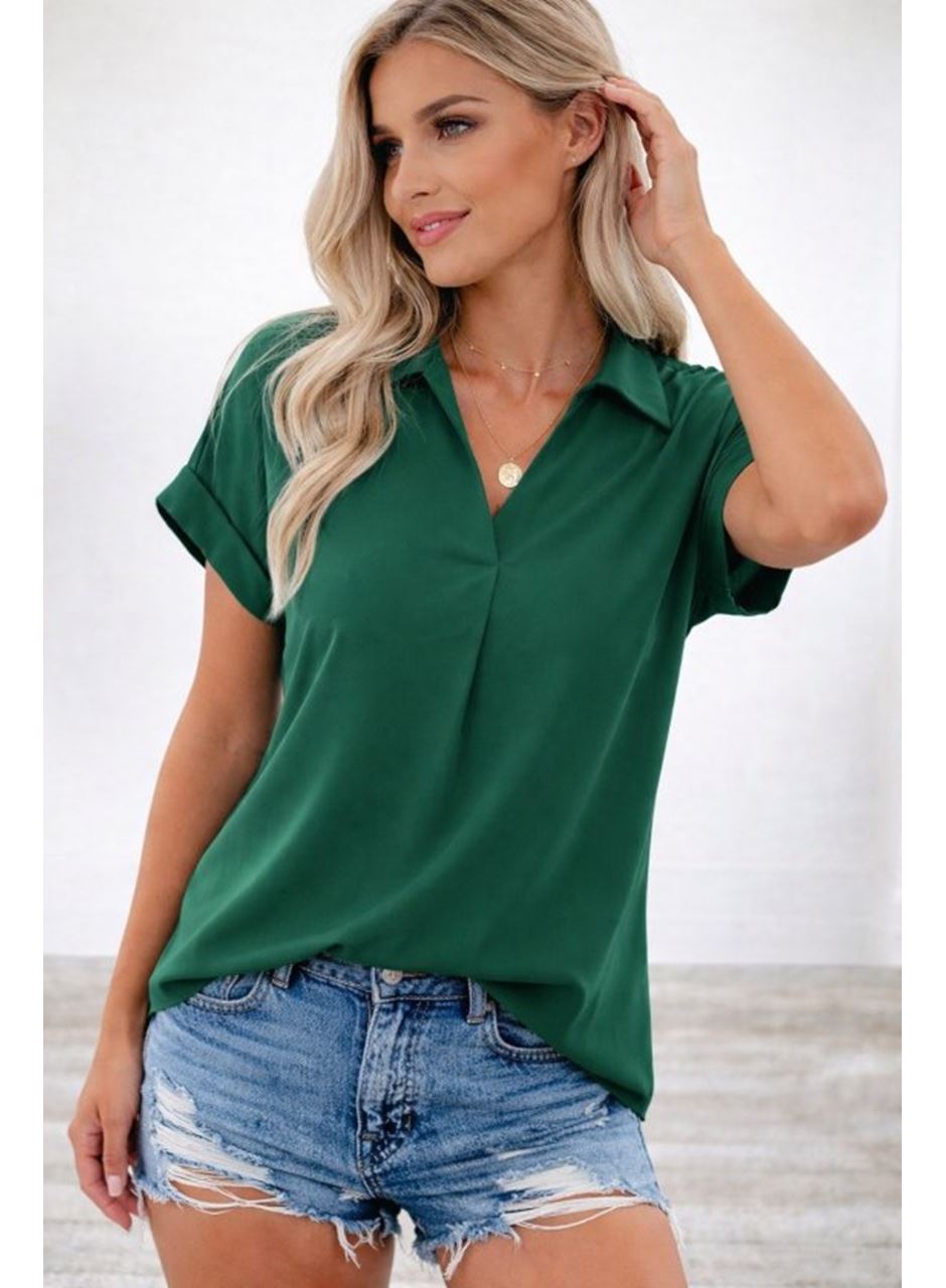 Kadın Kısa Kollu Yakalı Dokuma Viskon Bluz