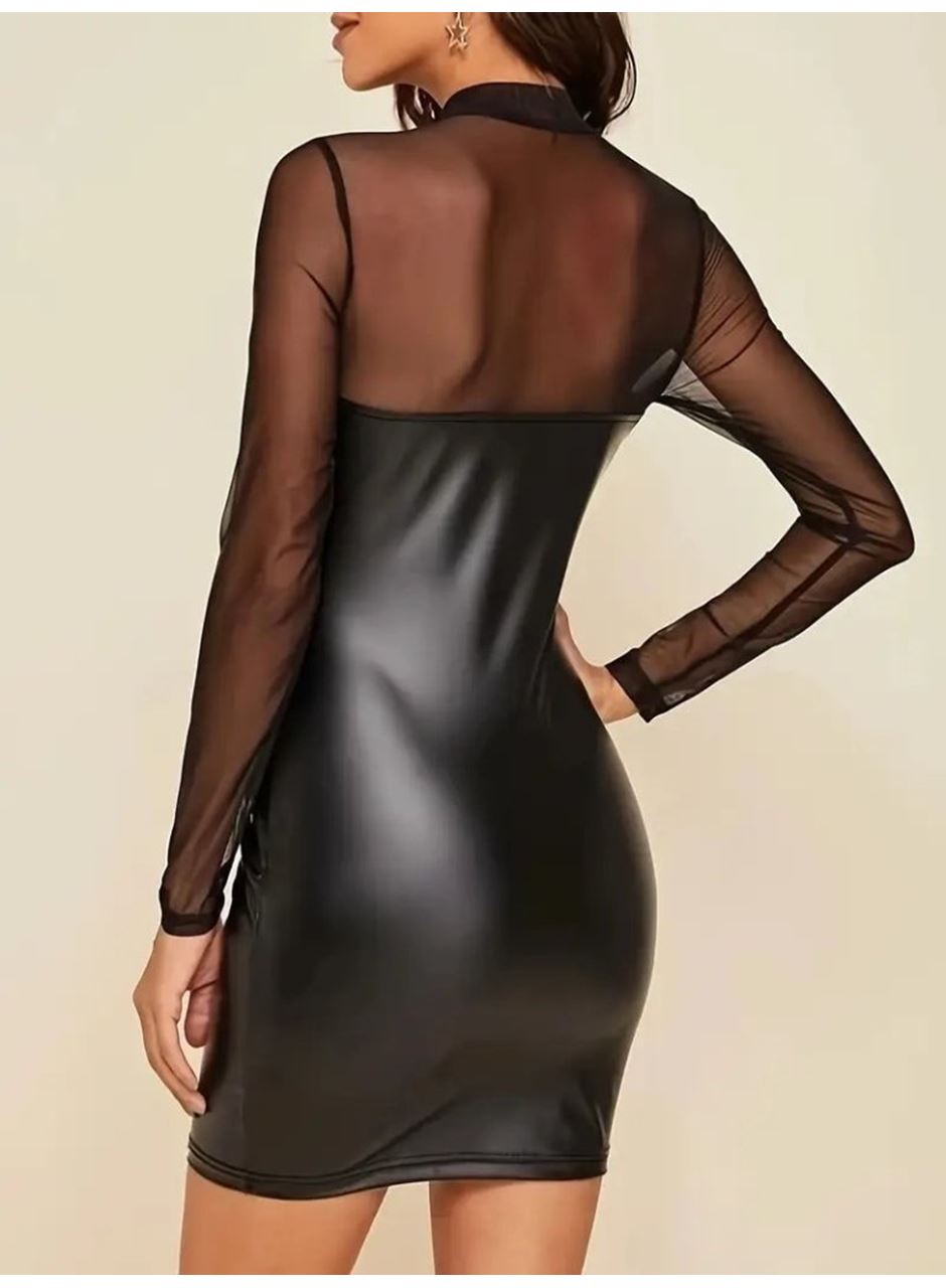 Kadın Uzun Kollu Balıkçı Yaka Tül Detaylı Mini Deri Elbise