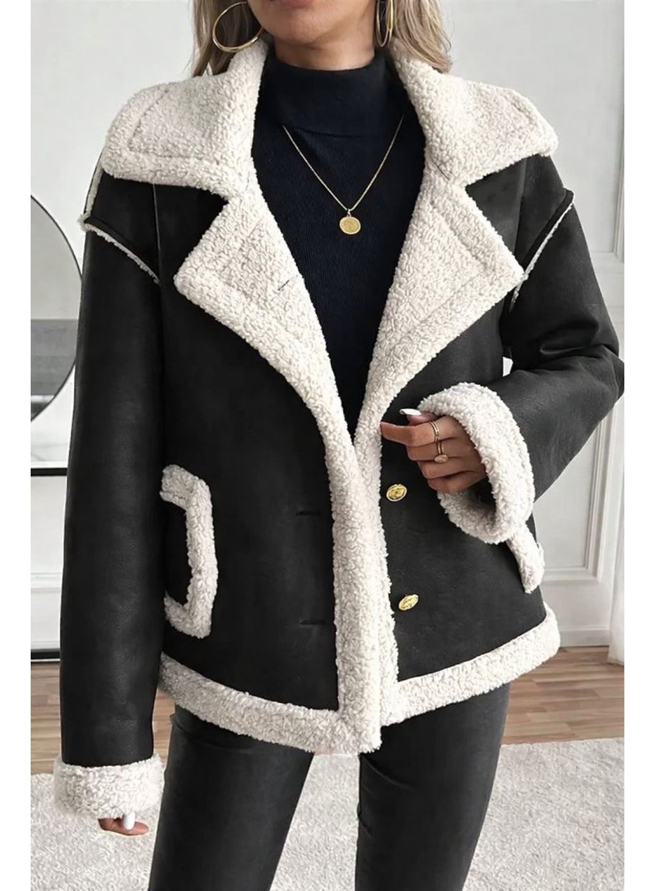 Kadın Uzun Kollu Yakalı önden Düğmeli Cep Detaylı Süet Ceket