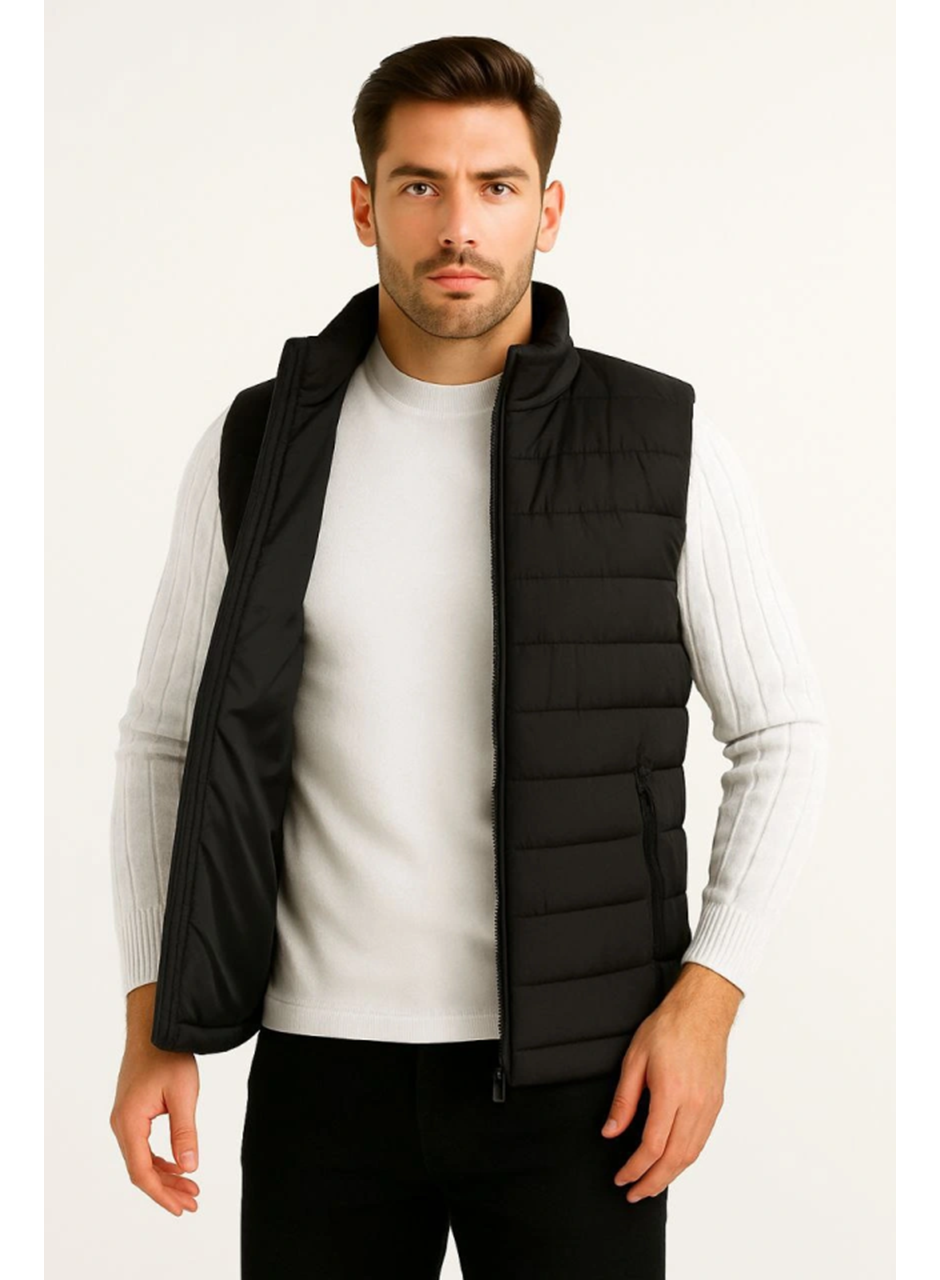 Erkek Şişme Fermuarlı Yelek Su Itici Kapitone Astarlı Kumaş Cepli Hafif Kışlık Spor Rahat Kalıp - Siyah