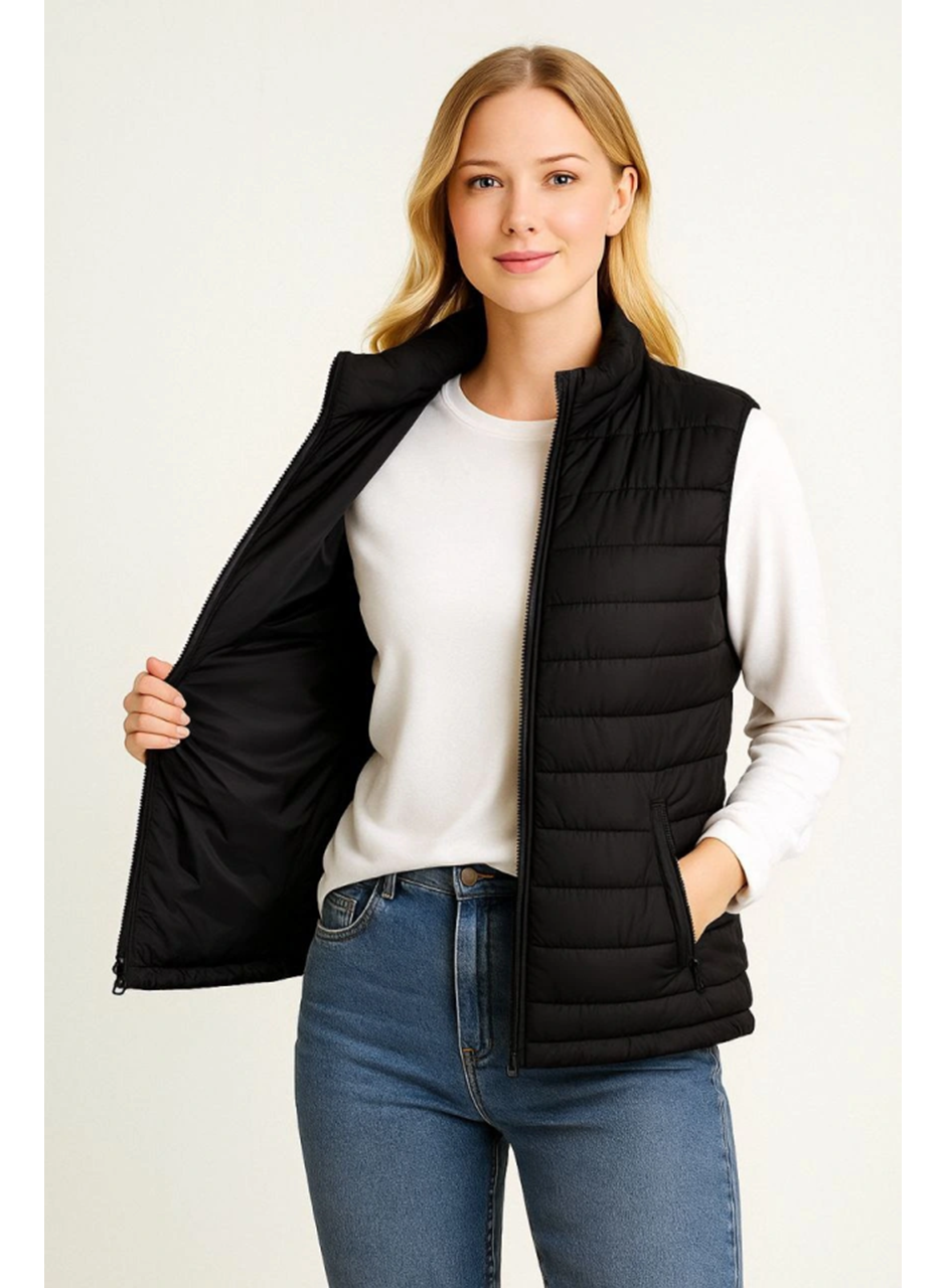 Şişme Fermuarlı Yelek Su Itici Kapitone Astarlı Kumaş Cepli Hafif Kışlık Spor Rahat Kalıp - Siyah