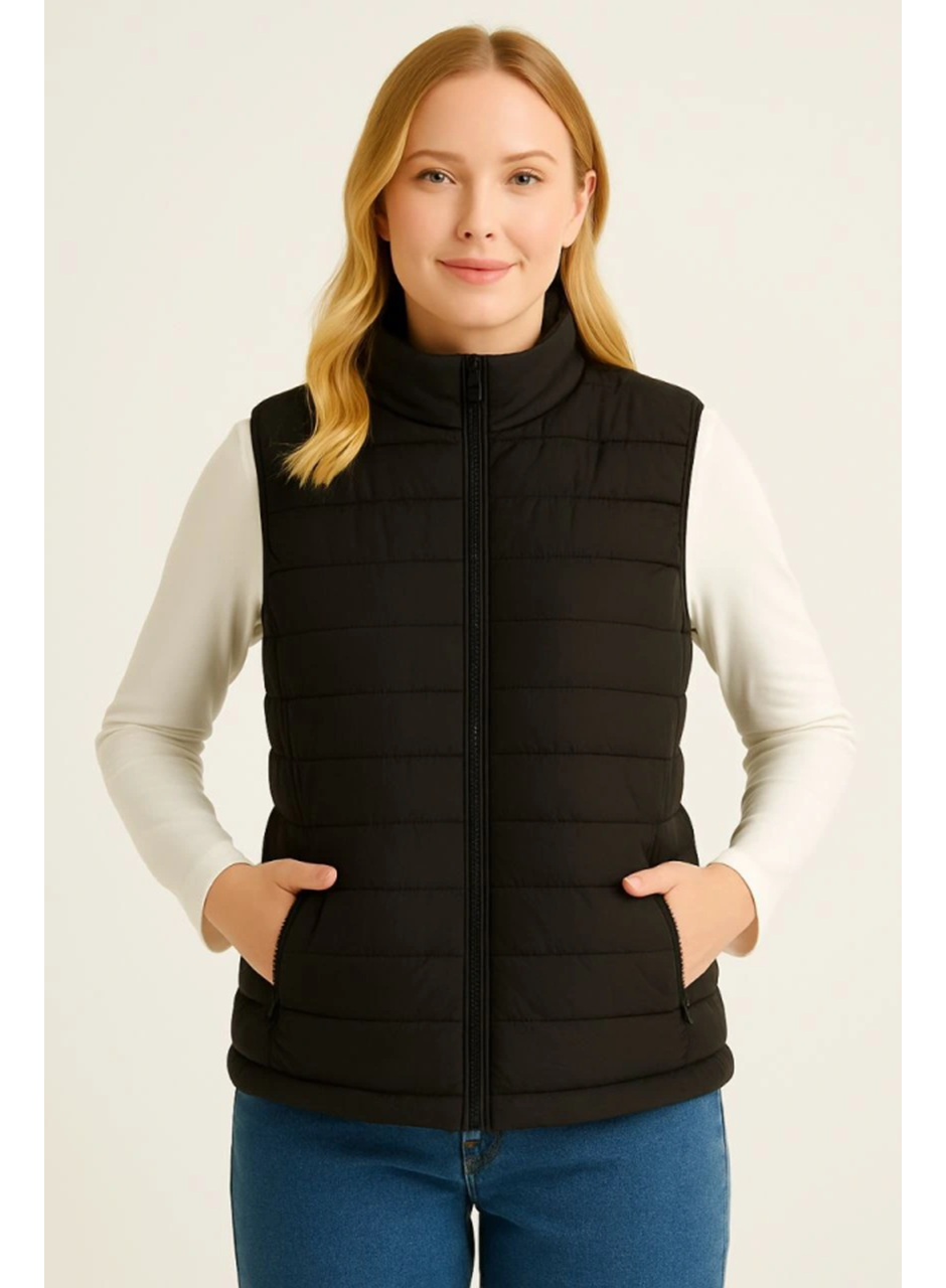 Şişme Fermuarlı Yelek Su Itici Kapitone Astarlı Kumaş Cepli Hafif Kışlık Spor Rahat Kalıp - Siyah