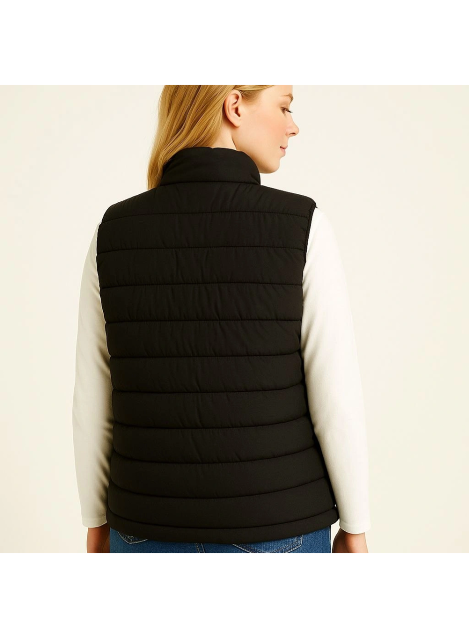 Şişme Fermuarlı Yelek Su Itici Kapitone Astarlı Kumaş Cepli Hafif Kışlık Spor Rahat Kalıp - Siyah