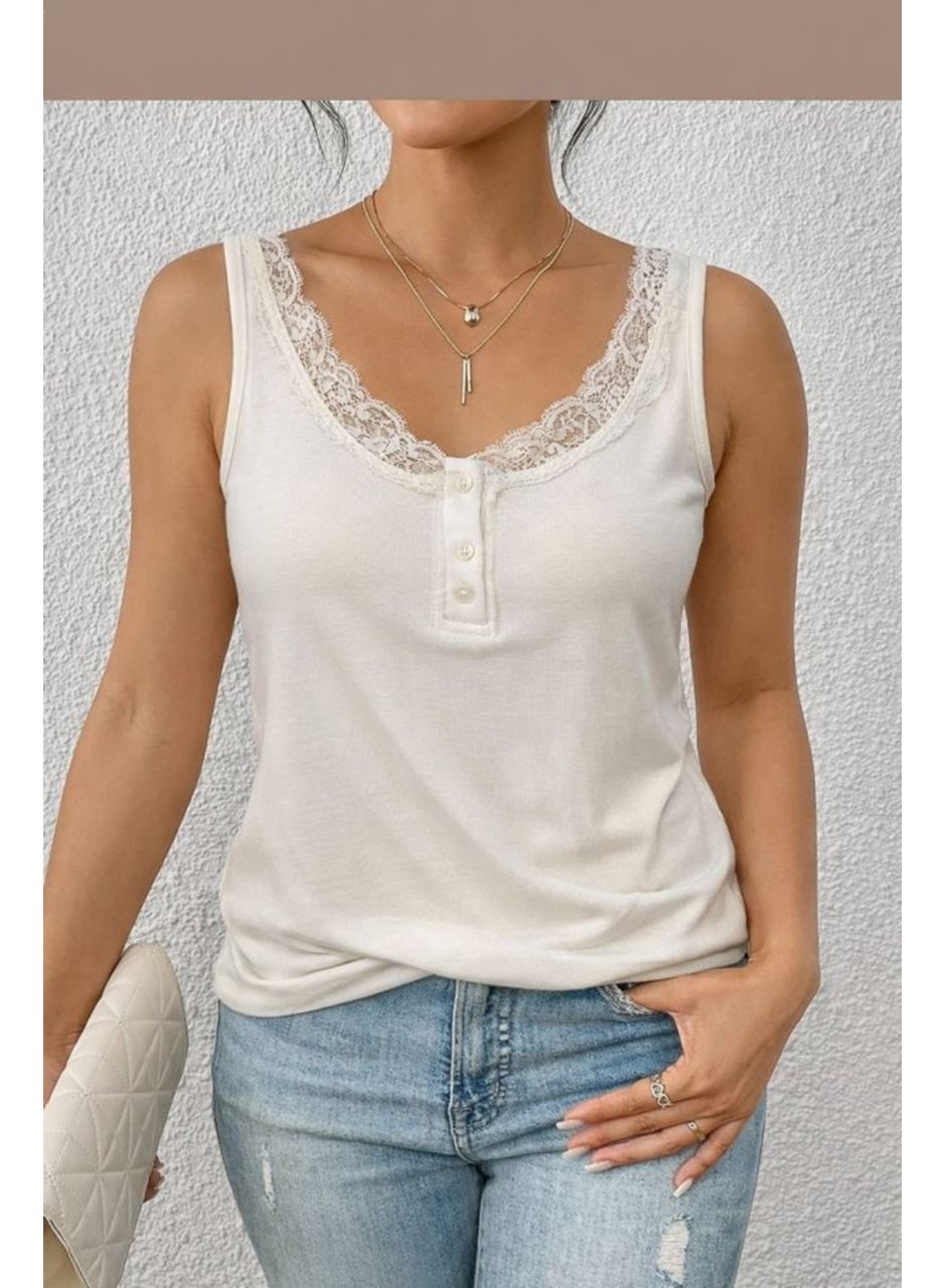 Kadın Omuz Askılı Dantel Güpür Detay Bluz