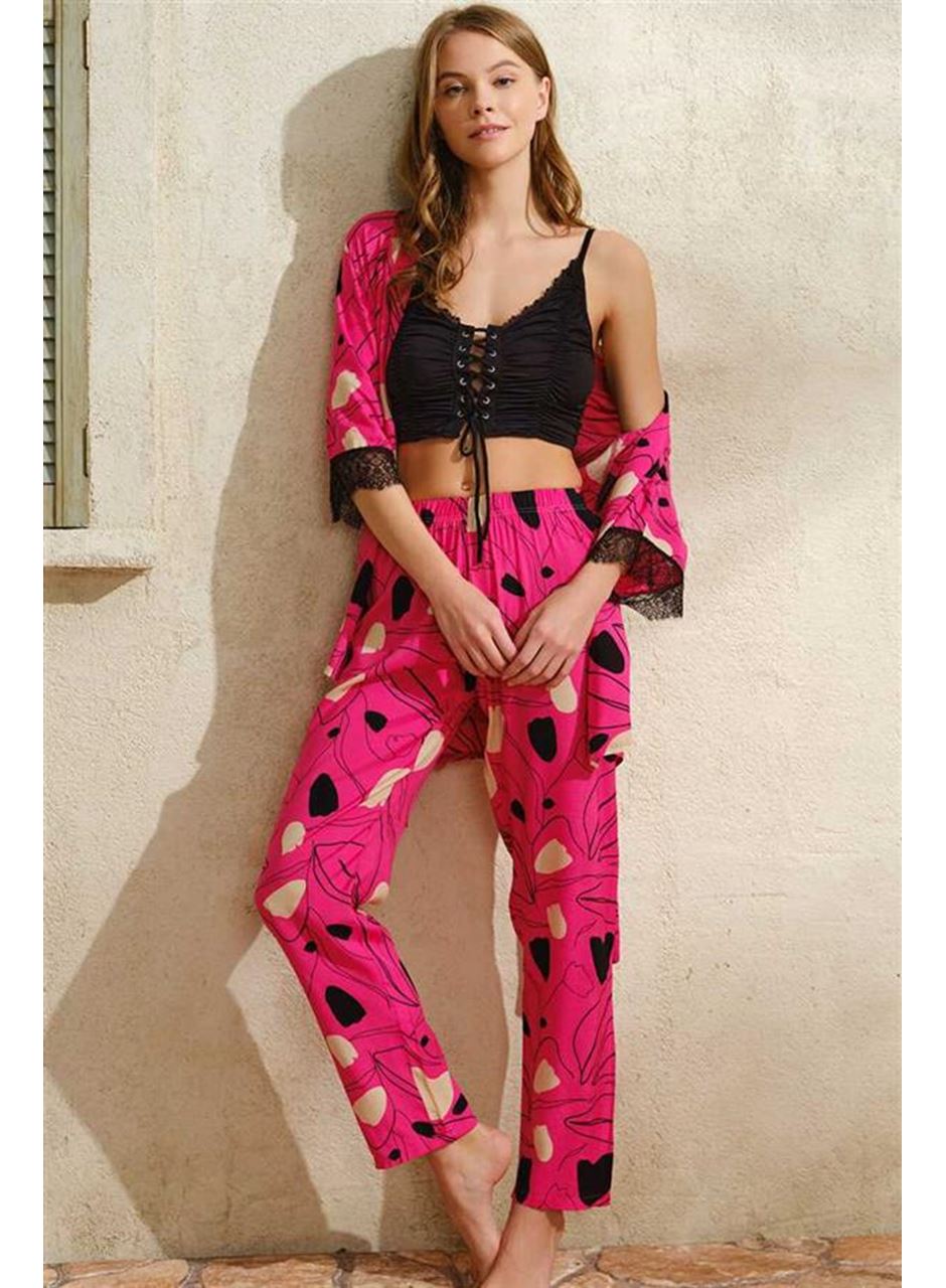 İp Askılı V Yaka Kadın Çiçek Desenli Yazlık Uzun İp Detaylı Pijama Altı Sabahlık Anıl 5756