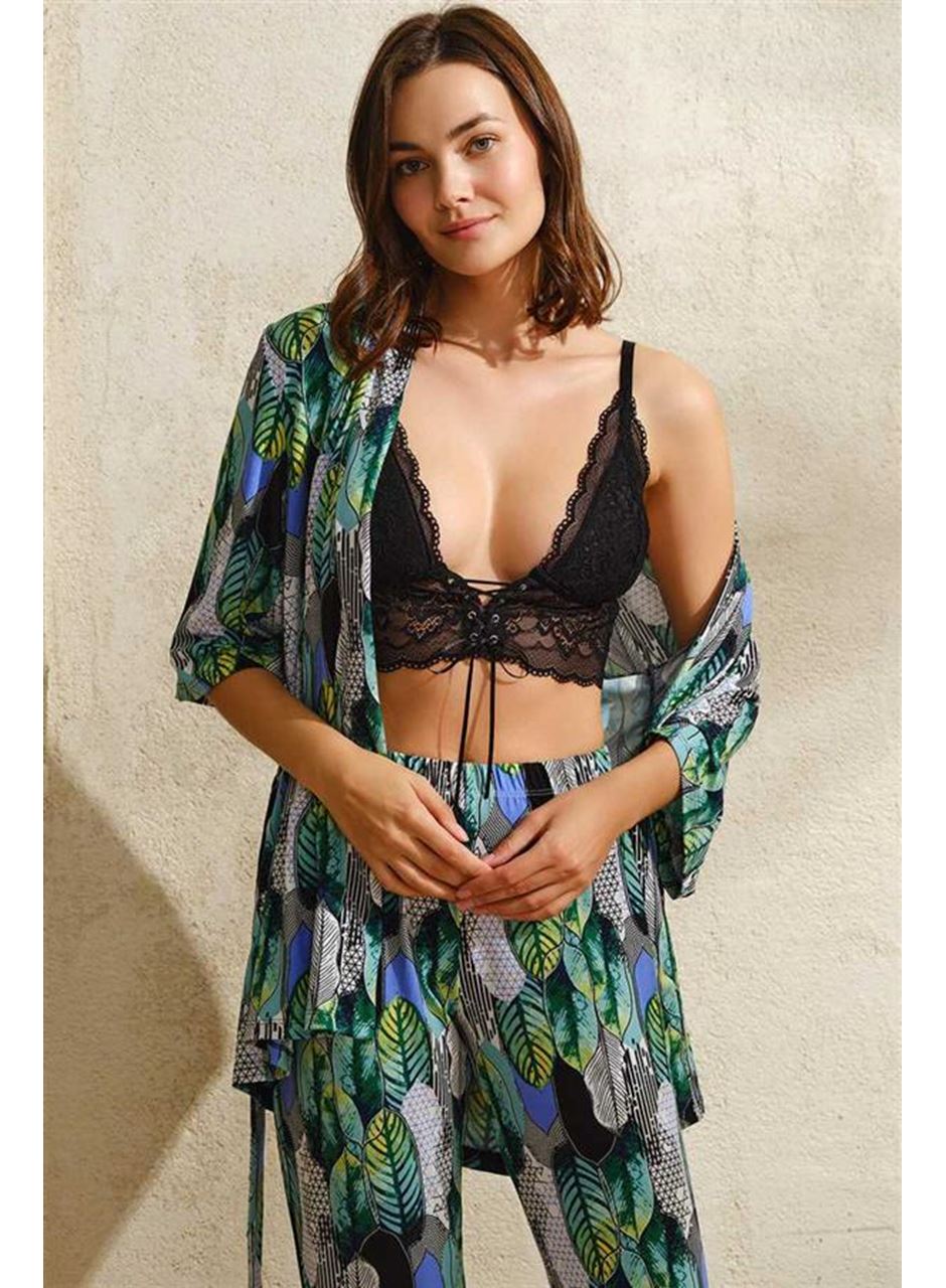 Kadın Viskon Yaprak Baskılı Sabahlık Balensiz Desteksiz Dolgusuz Dantelli Bralet Sütyen ve Pantolon Pijama 3'lü Takım (5748)