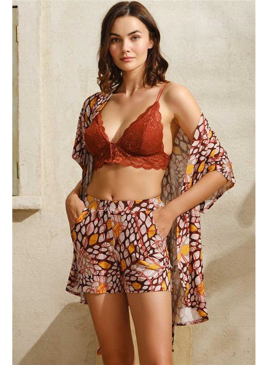 İp Askılı V Yaka Kadın Pamuklu Geometrik Yazlık Mini Dantel Detaylı Şort Sabahlık Anıl 5759