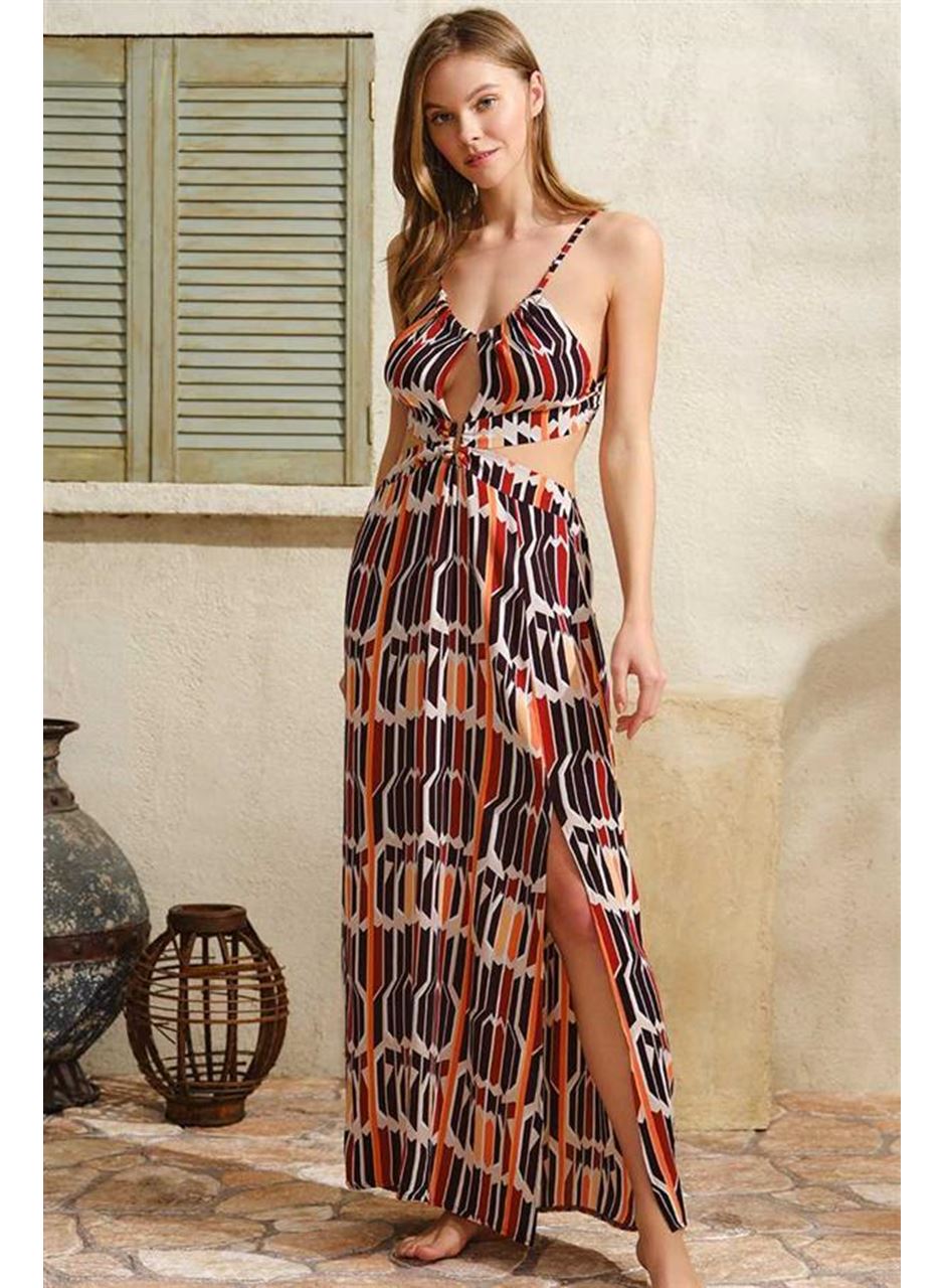 Boyundan Bağlamalı V Yaka Kadın Viskon Geometrik Yazlık İp Detaylı Elbise Anıl 5753