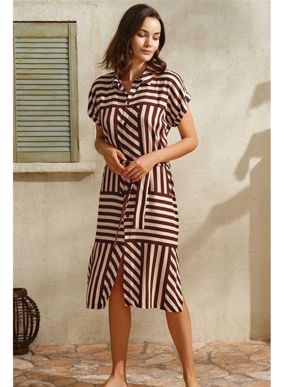 Günlük Kısa Kol V Yaka Kadın Viskon Çizgili Yazlık Uzun Elbise Anıl 5751