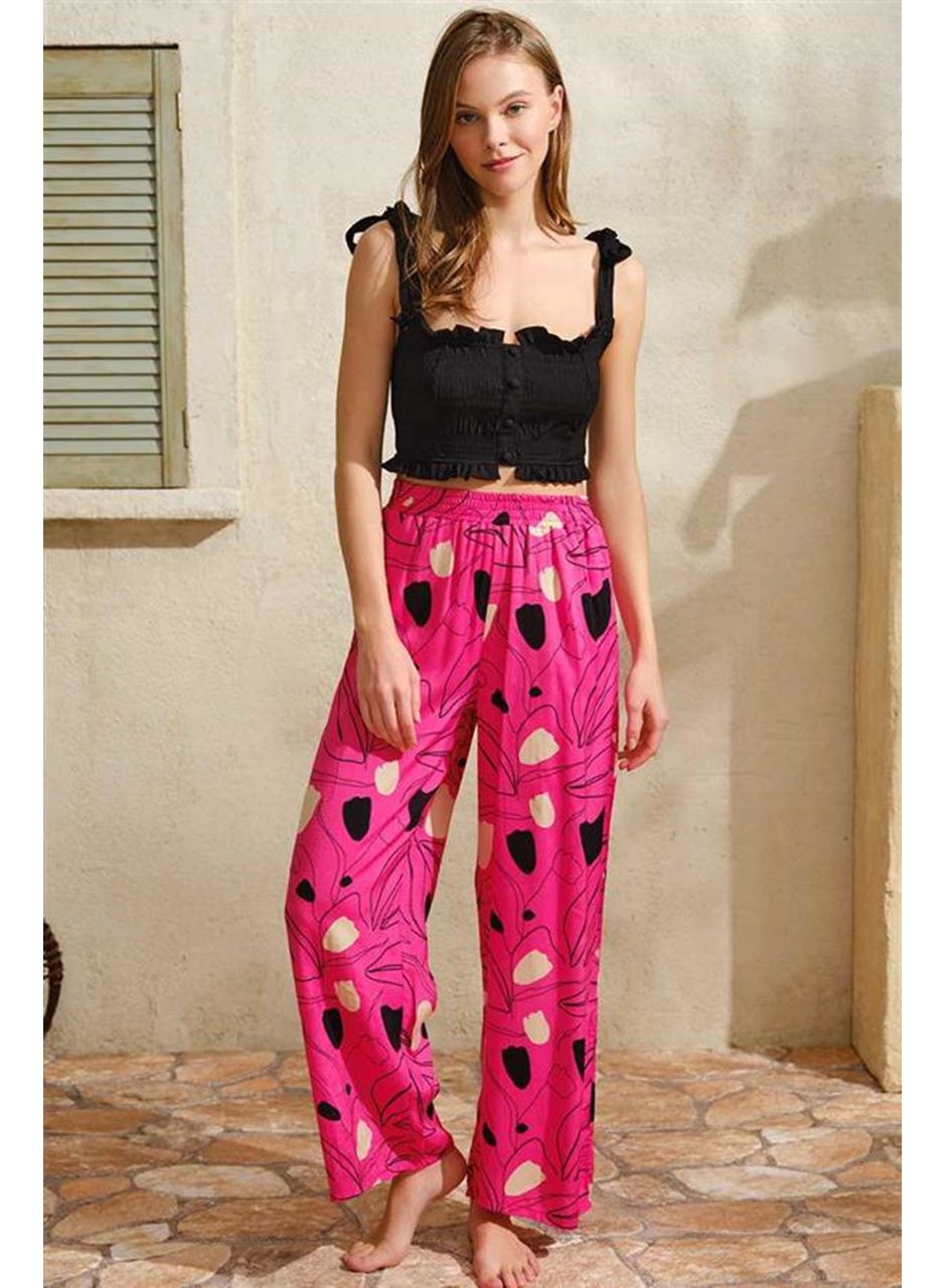 Kalın Askılı Kadın Viskon Çiçek Desenli Sırt Aksesuarlı Yazlık Dantel Detaylı Pijama Altı Anıl 9818