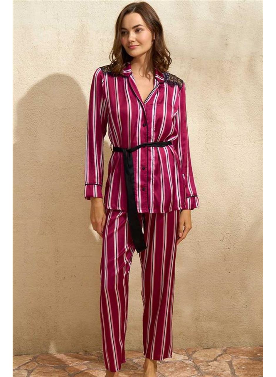 Kadın Saten Çizgili Düğmeli Uzun Kol Dantelli Gömlek ve Pantolon Pijama Takım (9765)