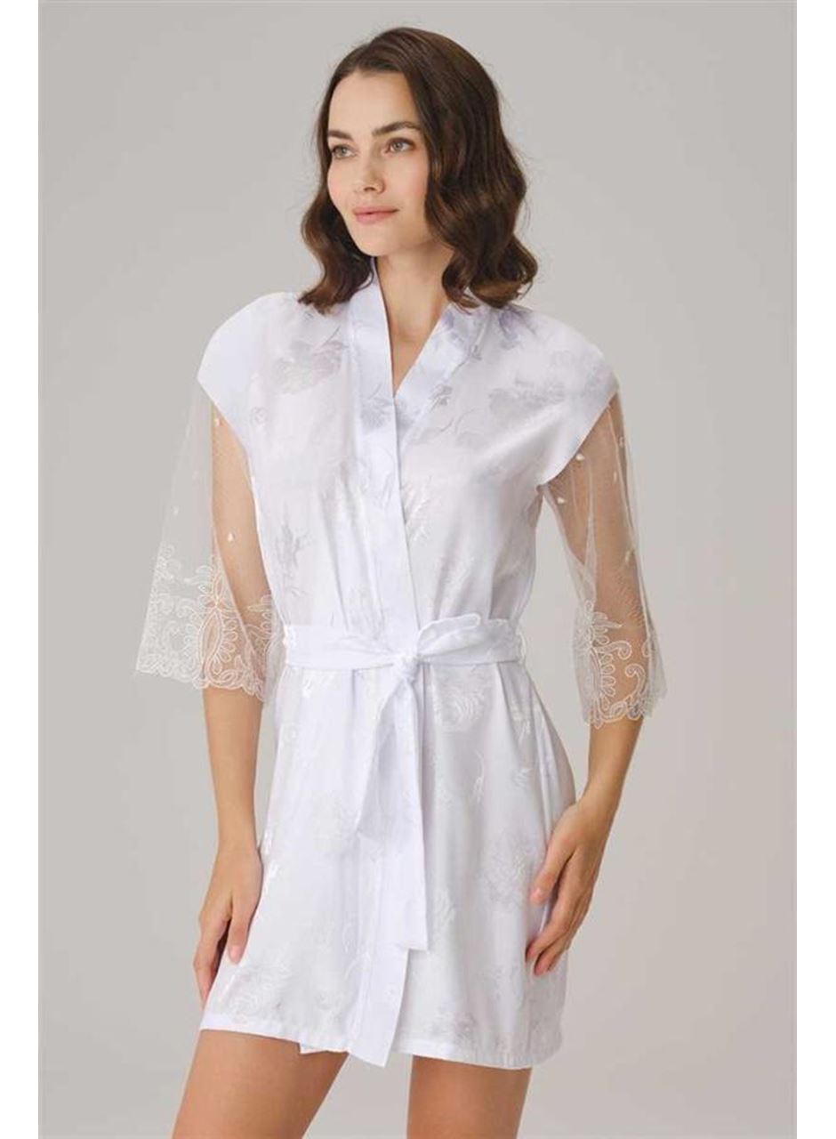 Çeyizlik Uzun Kol V Yaka Kadın Saten Düz Yazlık Mini Dantel Detaylı Sabahlık Anıl 5784