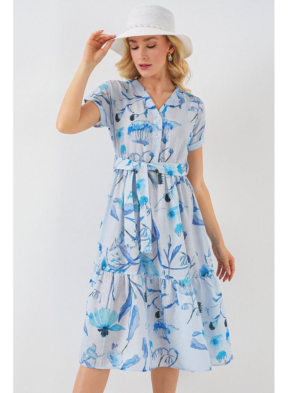 Desenli Kısa Kol Elbise 2558 - Mavi