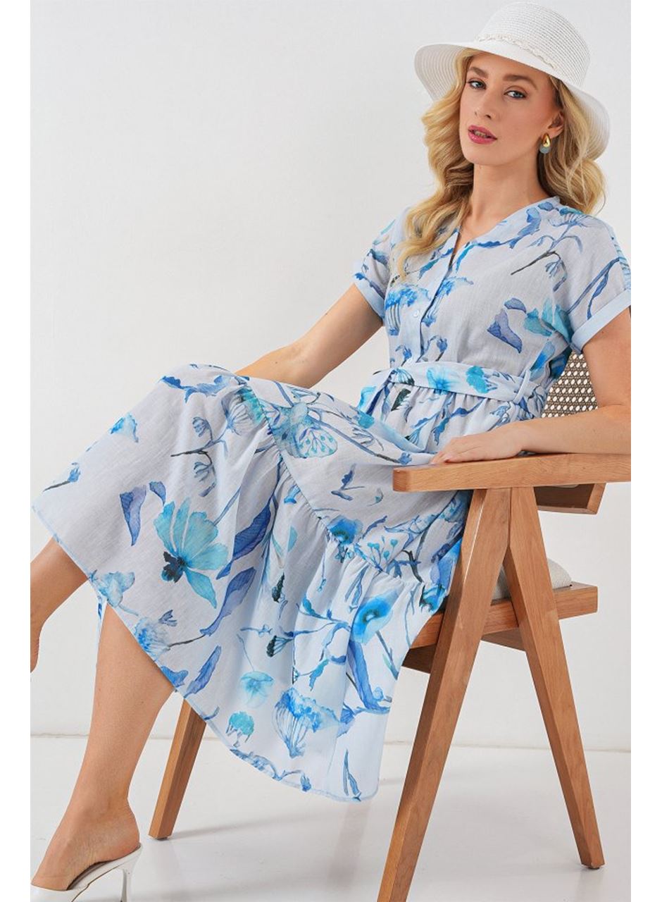 Desenli Kısa Kol Elbise 2558 - Mavi