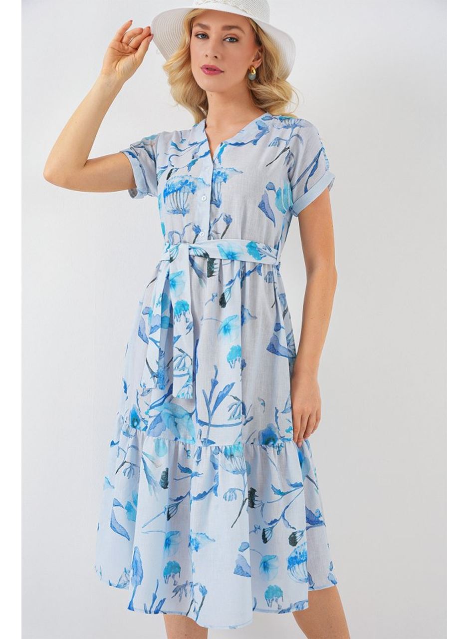 Desenli Kısa Kol Elbise 2558 - Mavi