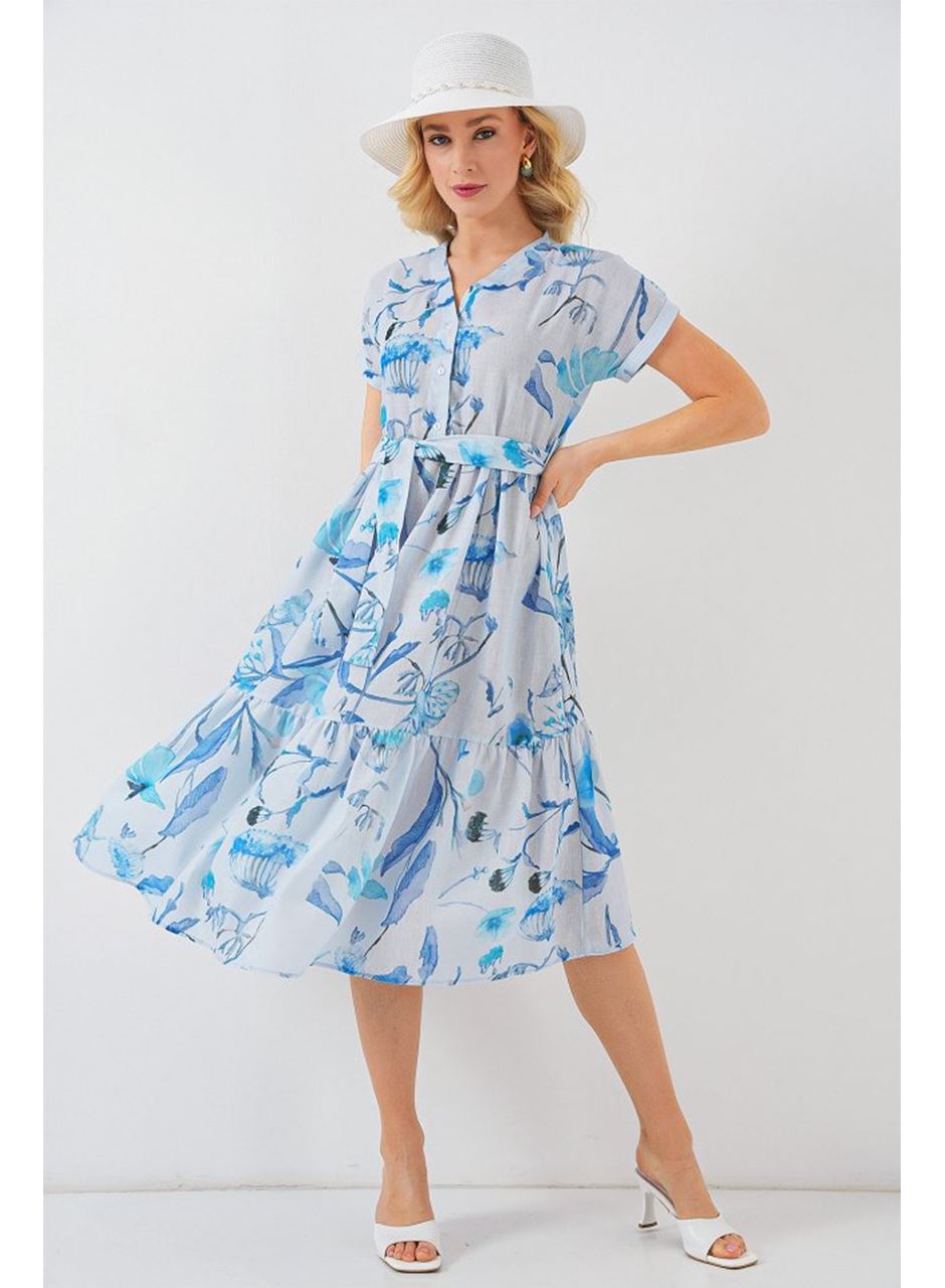 Desenli Kısa Kol Elbise 2558 - Mavi