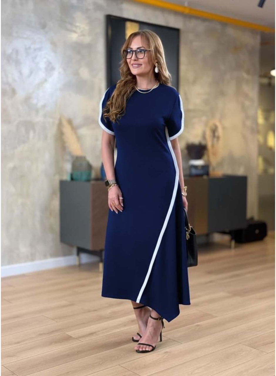 Kadın Kısa Kollu Bisiklet Yaka çift şerit Renk Detaylı Asimetrik Kesim Viskon Iki Iplik Elbise