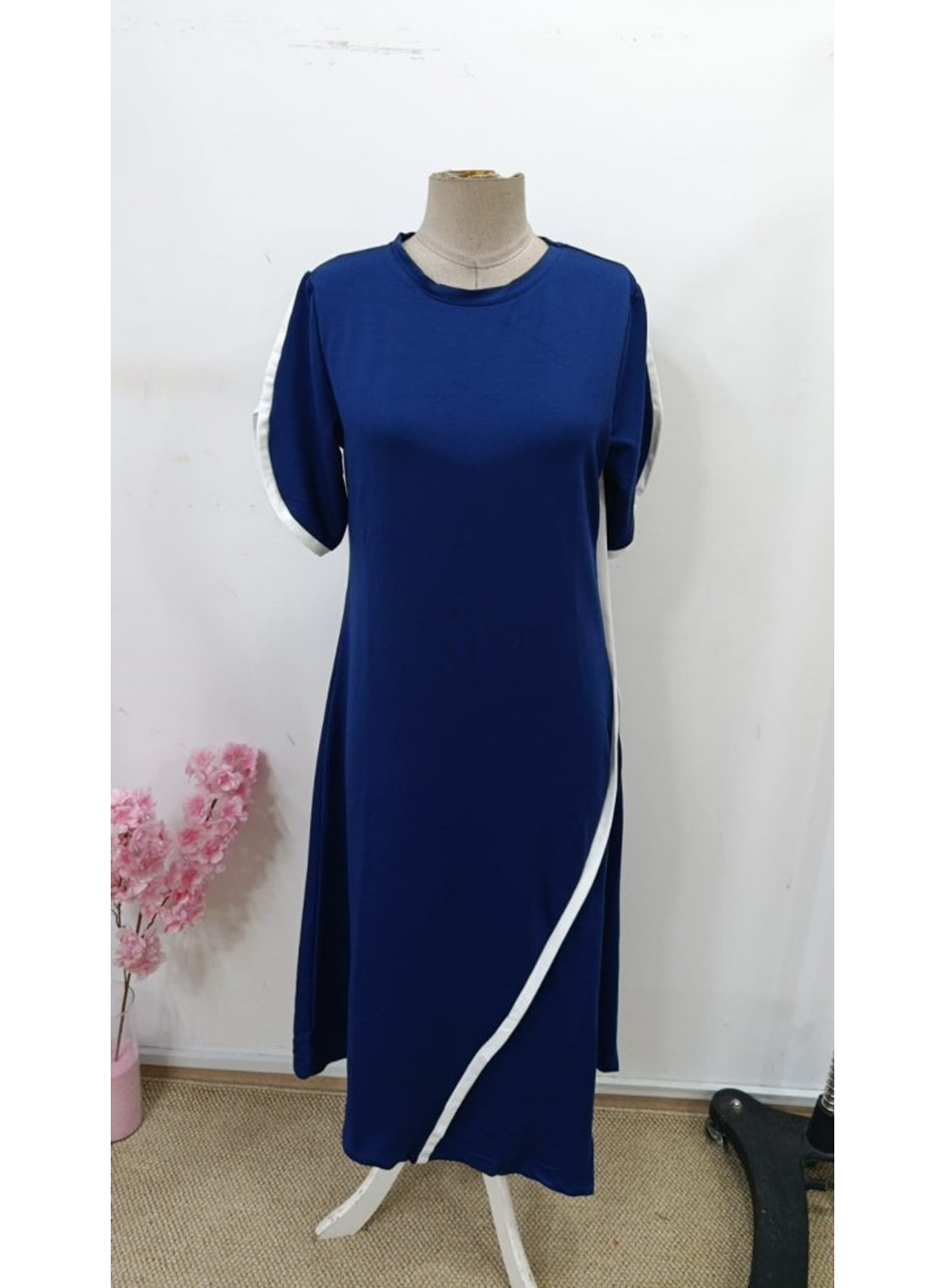 Kadın Kısa Kollu Bisiklet Yaka çift şerit Renk Detaylı Asimetrik Kesim Viskon Iki Iplik Elbise