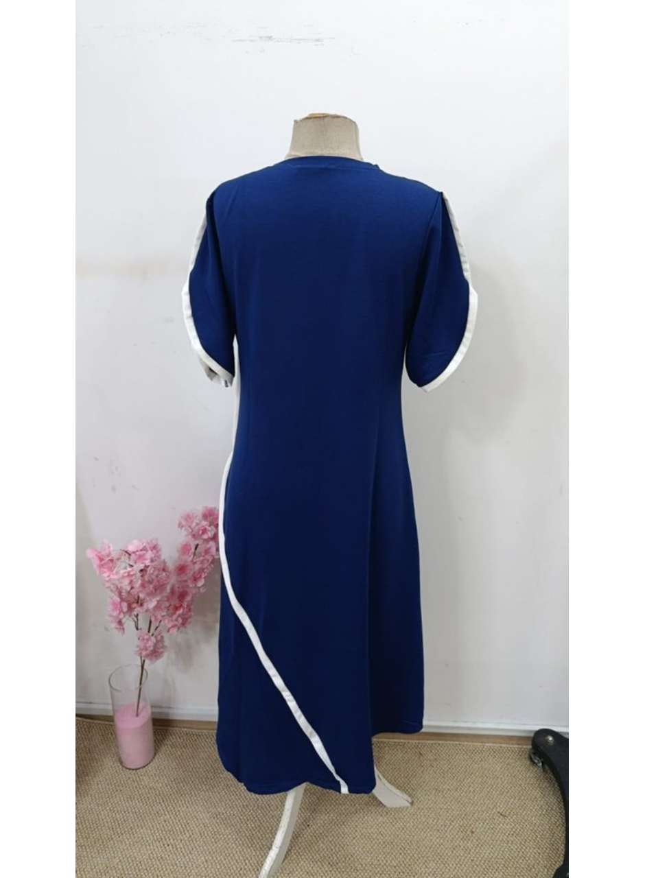 Kadın Kısa Kollu Bisiklet Yaka çift şerit Renk Detaylı Asimetrik Kesim Viskon Iki Iplik Elbise