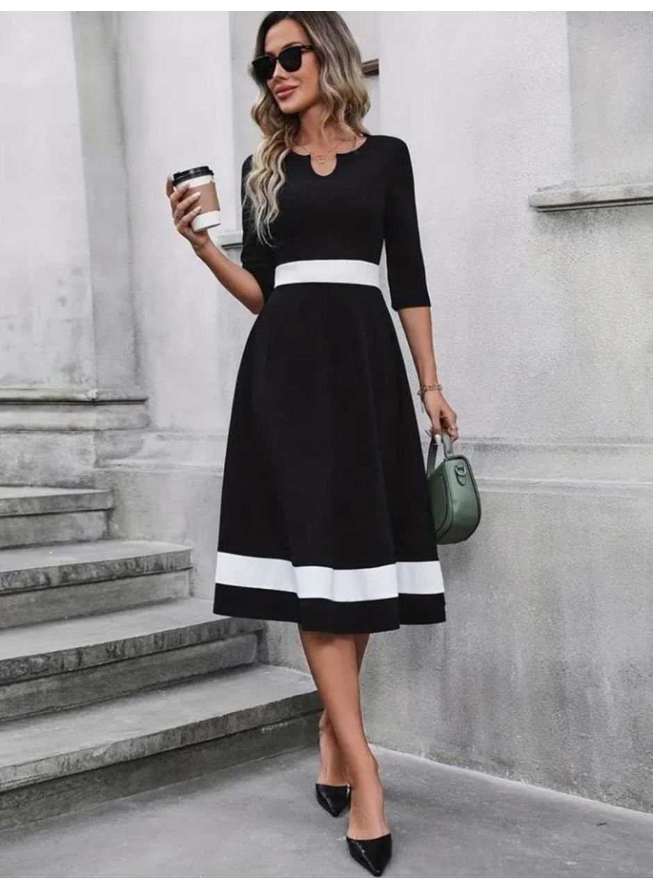 Kadın Truvakar Kol V Yakalı Janjan Krep Midi Elbise