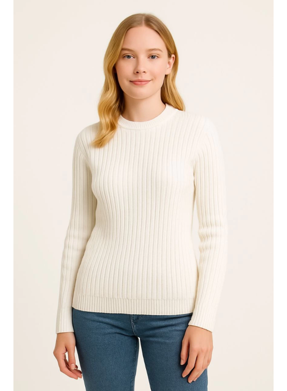 Bisiklet Yuvarlak Yaka Triko Kazak Pamuklu Kalın Fitilli Dokuma, Regular Fit Uzun Kollu Kışlık Model - Beyaz