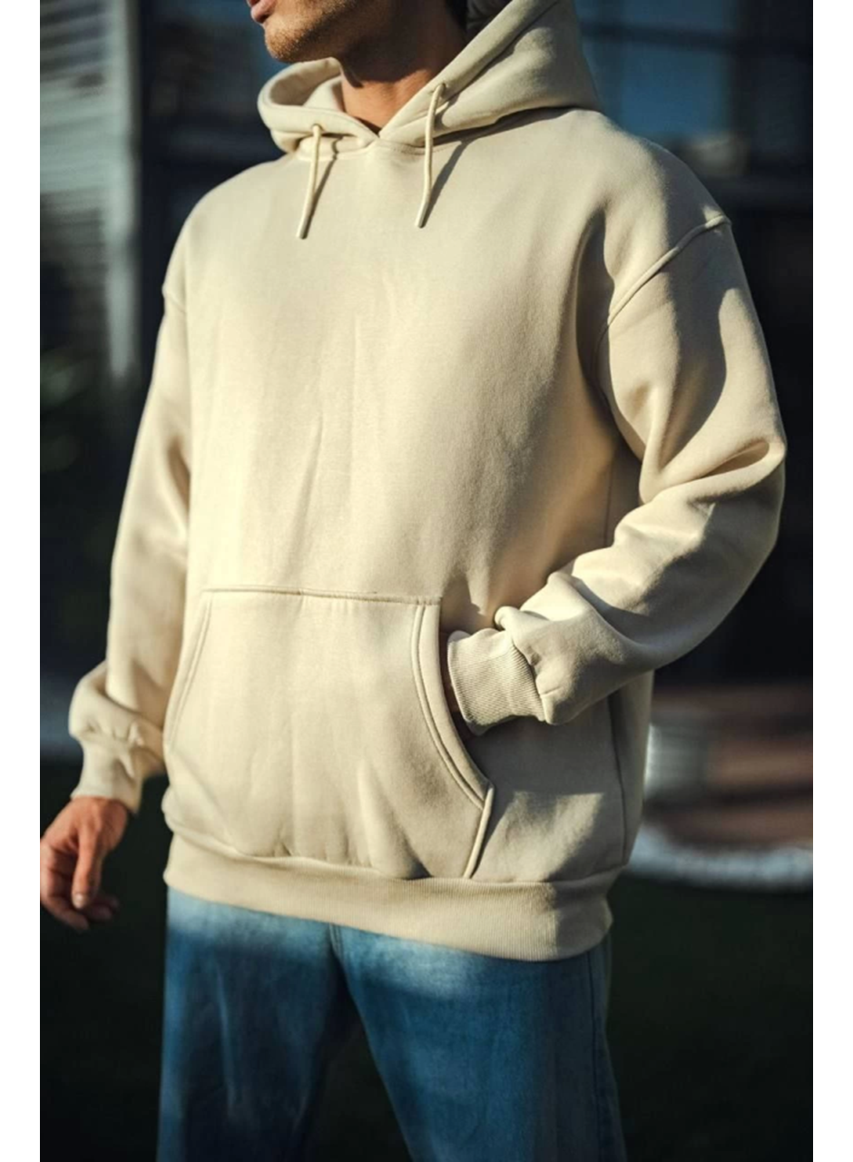 Üç İplik Penye Kapşonlu Basic SweatShirt - Bej