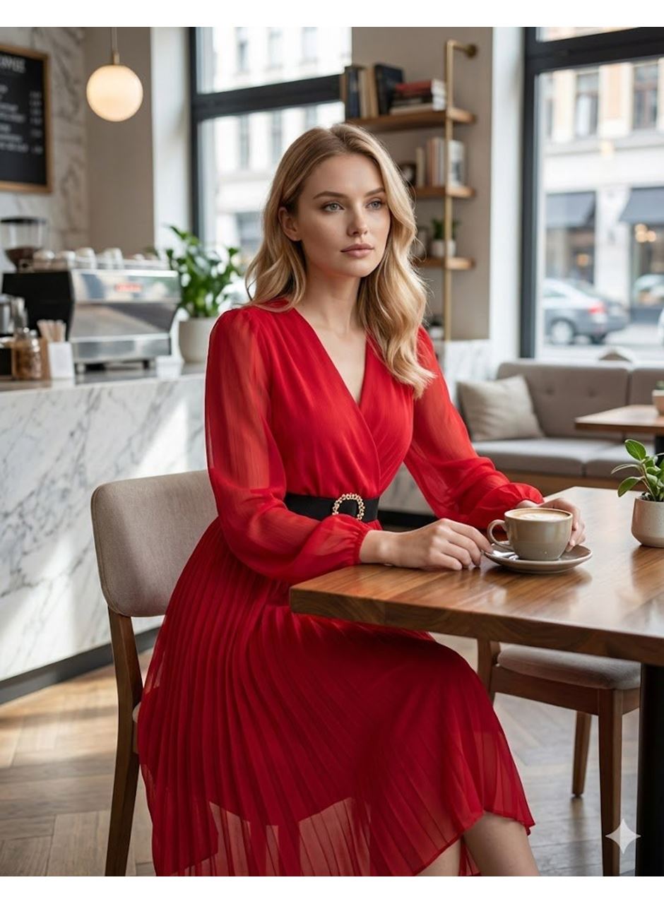 Kadın şifon Kumaş Astalı Kloş Kesim Kruvaze Yaka Midi Boy Elbise