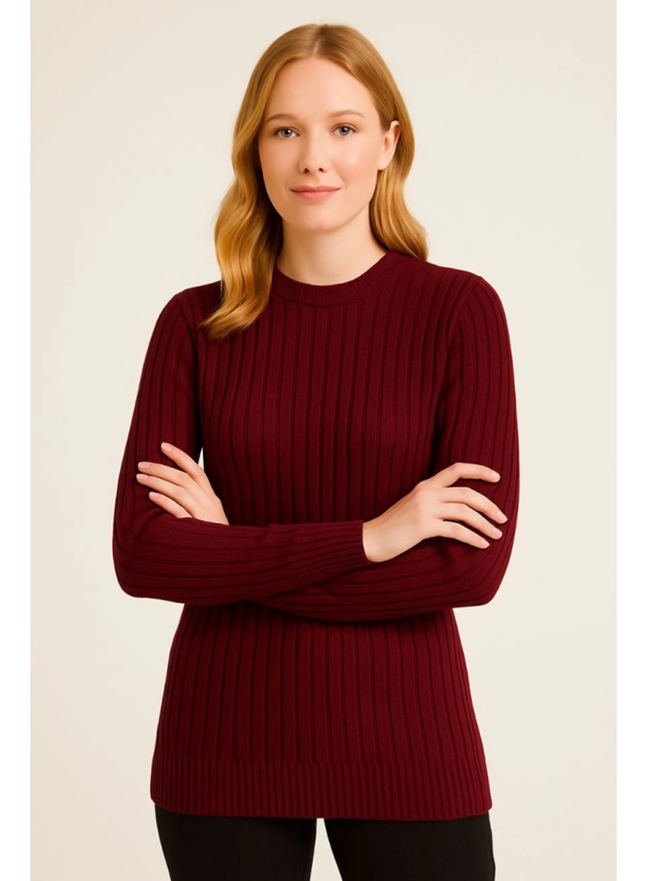 Bisiklet Yuvarlak Yaka Triko Kazak Pamuklu Kalın Fitilli Dokuma, Regular Fit Uzun Kollu Kışlık Model - Bordo