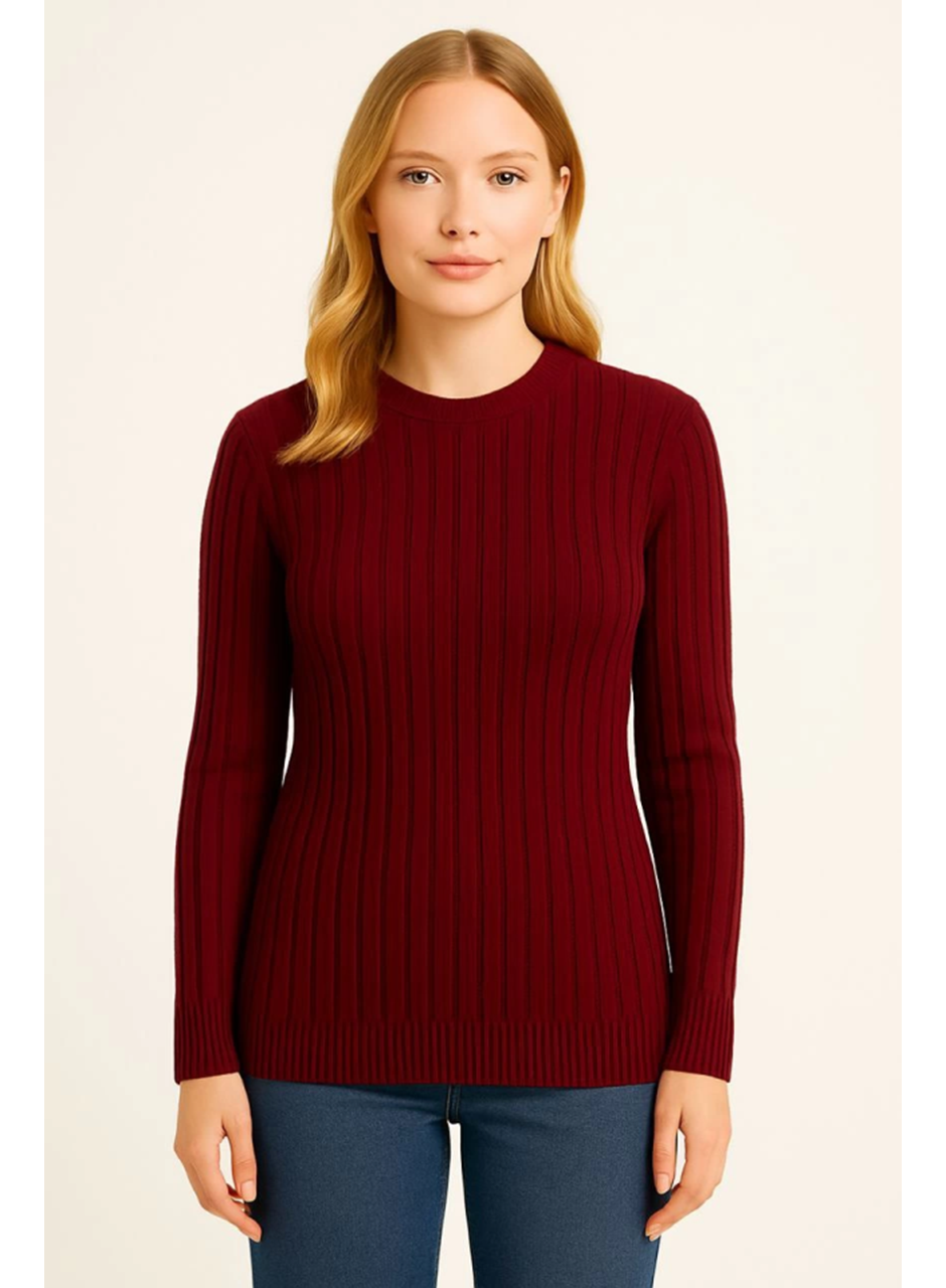 Bisiklet Yuvarlak Yaka Triko Kazak Pamuklu Kalın Fitilli Dokuma, Regular Fit Uzun Kollu Kışlık Model - Bordo