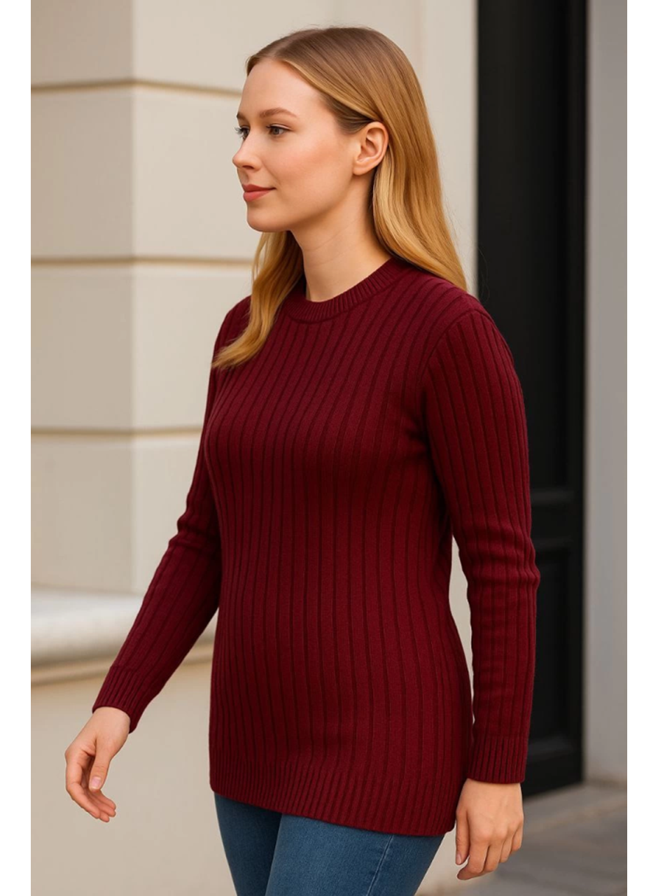 Bisiklet Yuvarlak Yaka Triko Kazak Pamuklu Kalın Fitilli Dokuma, Regular Fit Uzun Kollu Kışlık Model - Bordo