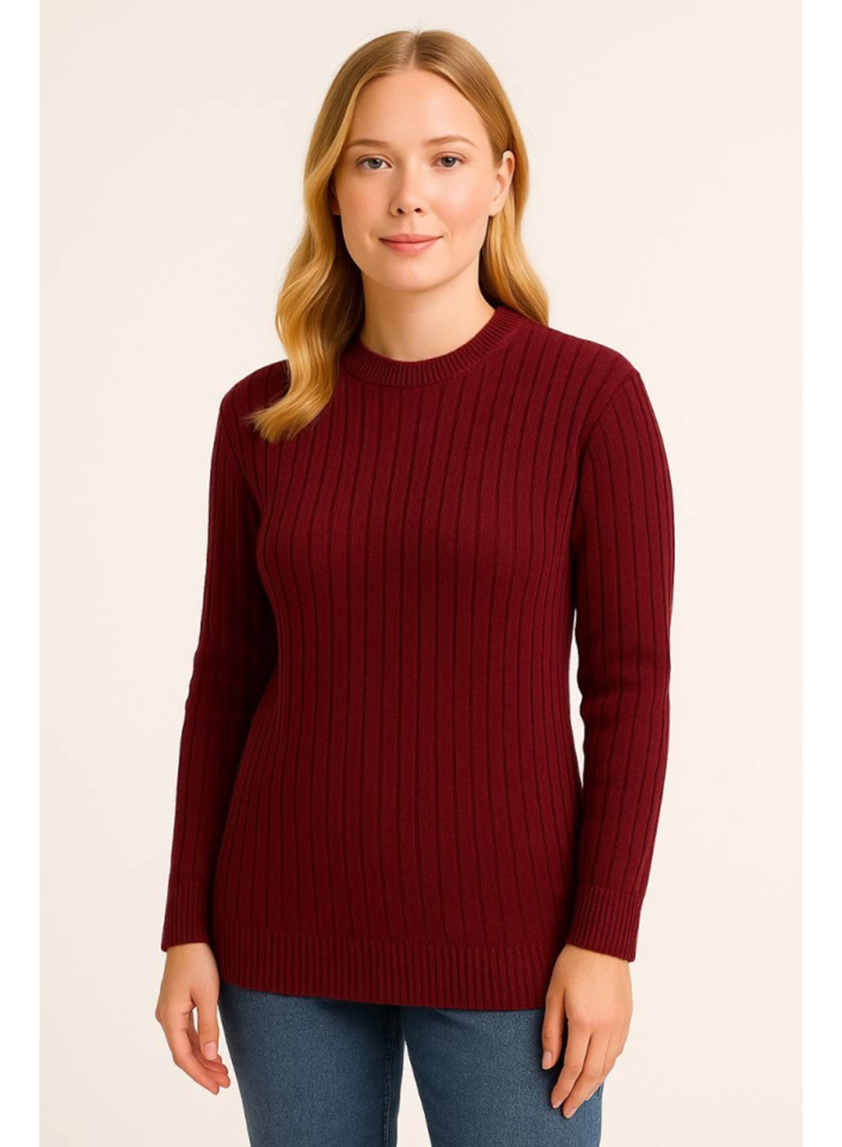 Bisiklet Yuvarlak Yaka Triko Kazak Pamuklu Kalın Fitilli Dokuma, Regular Fit Uzun Kollu Kışlık Model - Bordo