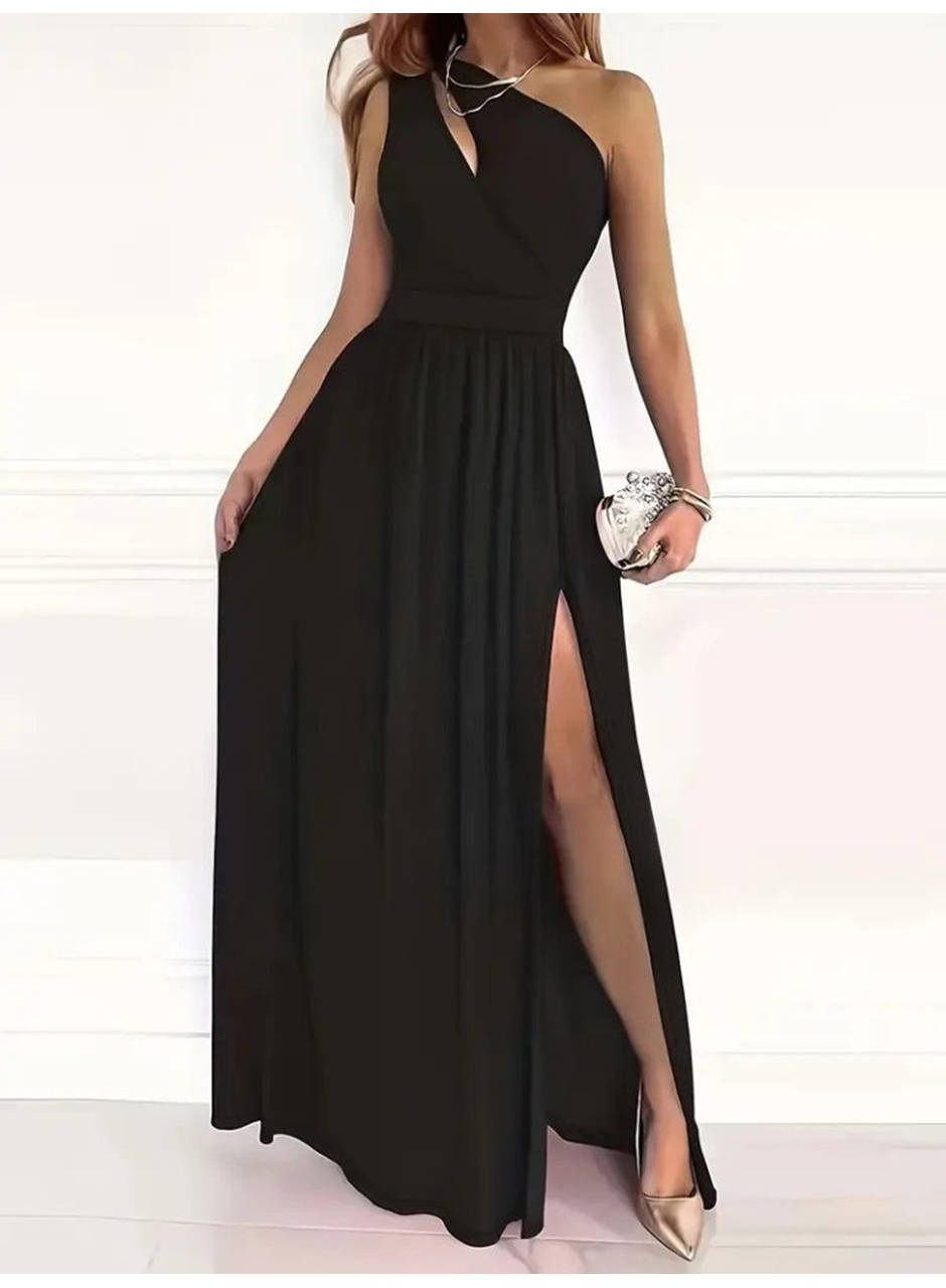 Kadın Omuzlardan Açık Asimetrik Yaka Detaylı Yırtmaçlı Maksi Boy Janjan Krep Elbise