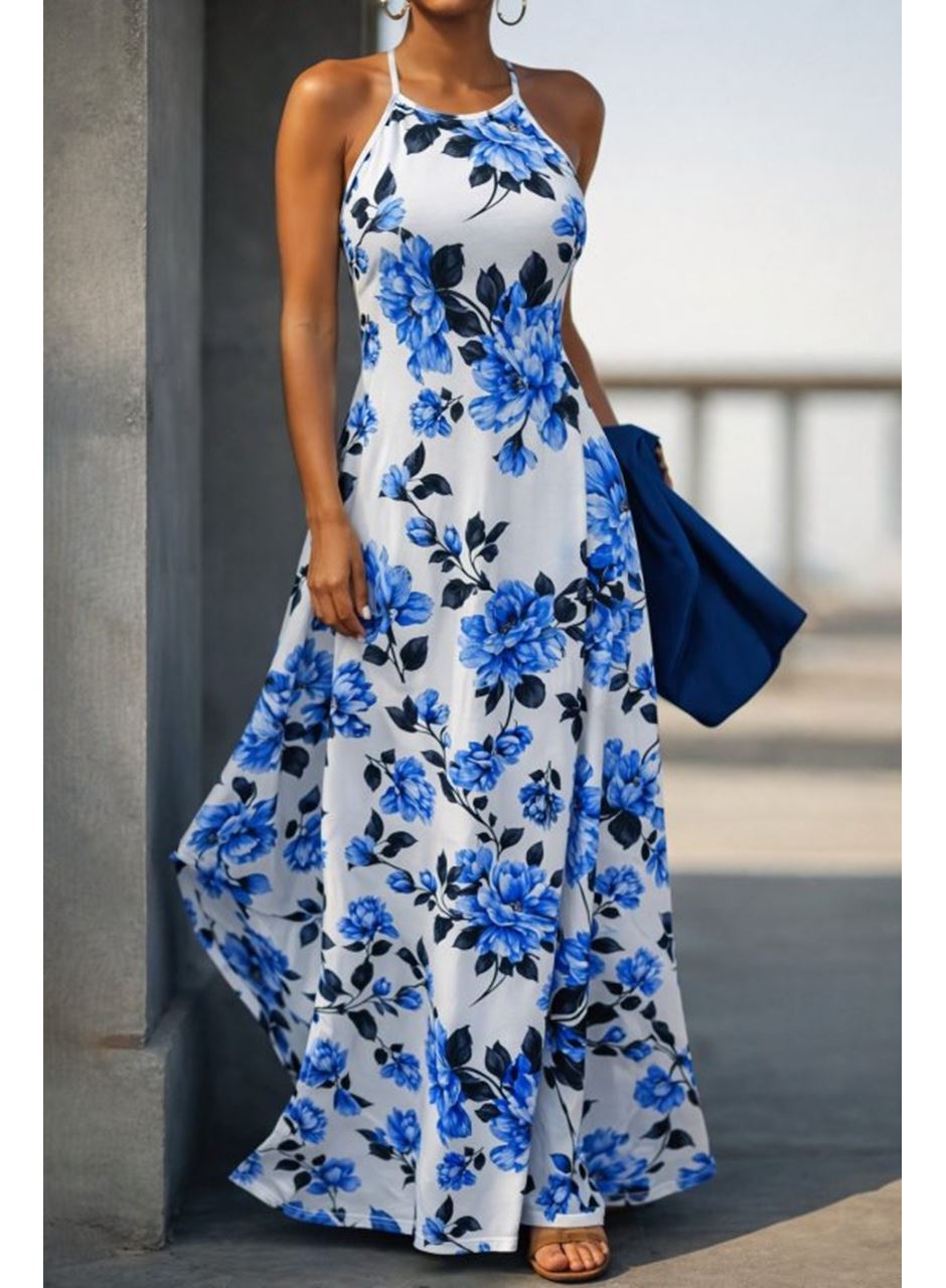 Kadın Omuzlardan Açık Ip Askılı Desenli Uzun Süprem Elbise