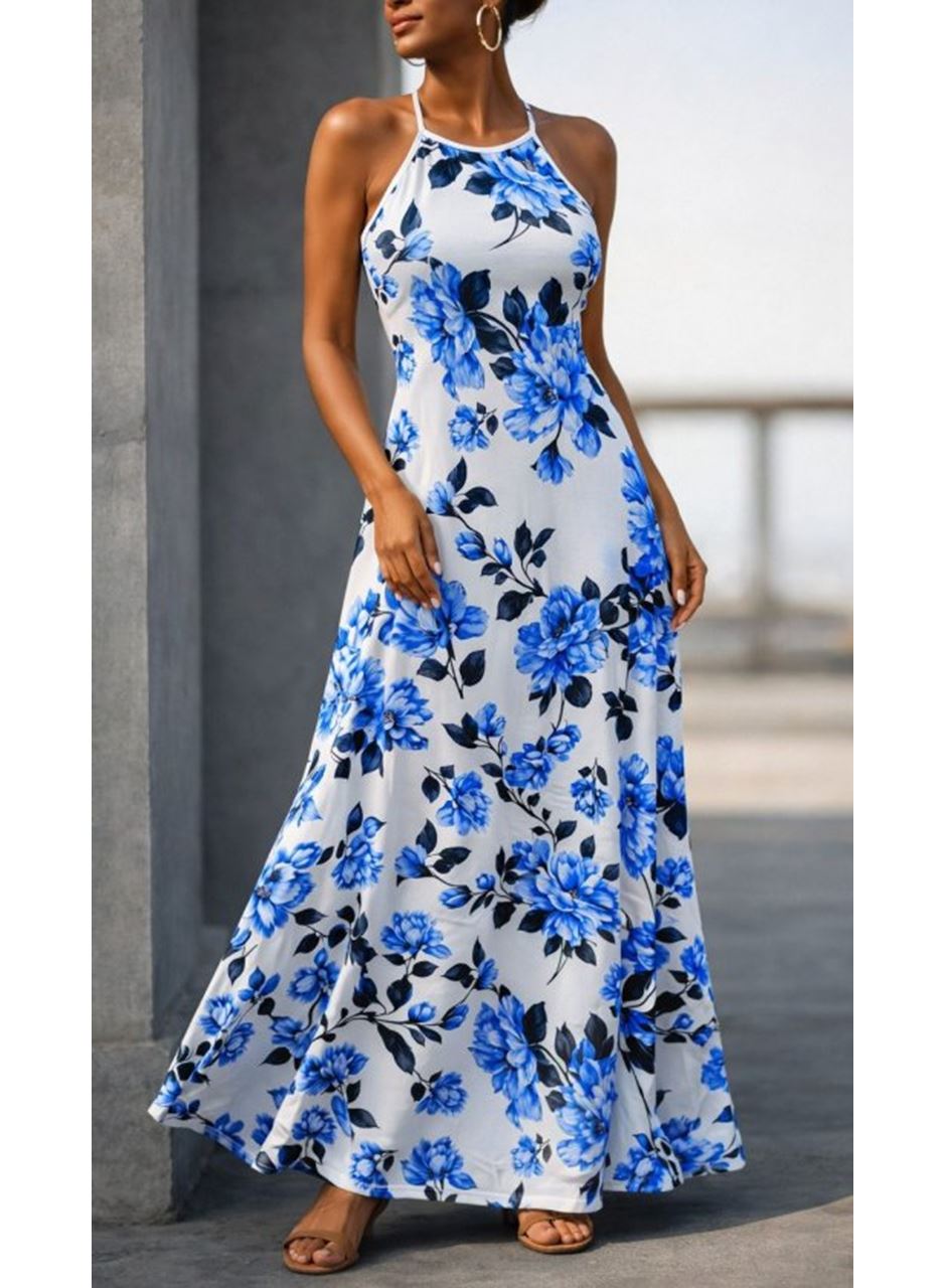 Kadın Omuzlardan Açık Ip Askılı Desenli Uzun Süprem Elbise