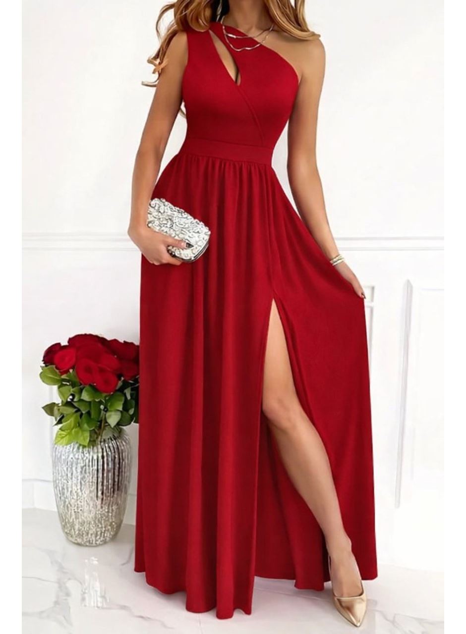 Kadın Omuzlardan Açık Asimetrik Yaka Detaylı Yırtmaçlı Maksi Boy Janjan Krep Elbise