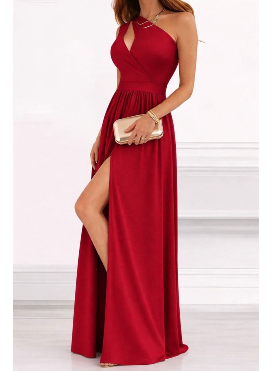 Kadın Omuzlardan Açık Asimetrik Yaka Detaylı Yırtmaçlı Maksi Boy Janjan Krep Elbise