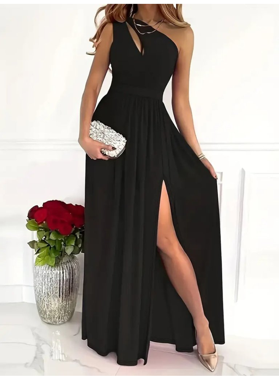 Kadın Omuzlardan Açık Asimetrik Yaka Detaylı Yırtmaçlı Maksi Boy Janjan Krep Elbise