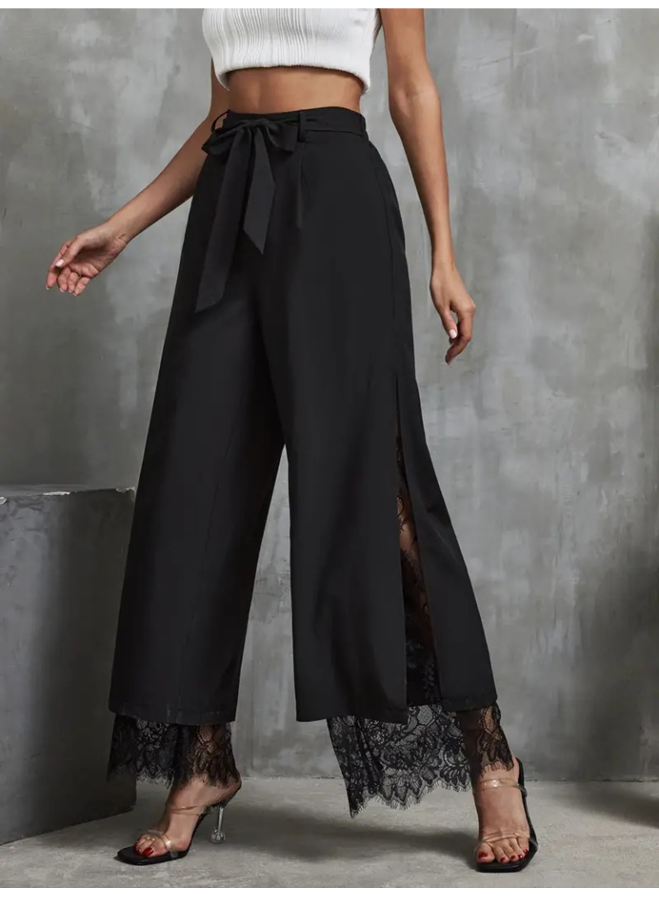 Kadın Yüksek Bel Belden Kuşaklı üst Dalgıç Alt Dantel Detaylı Dalgıç Pantolon
