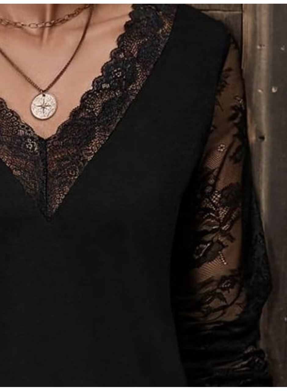 Kadın Uzun Kollu V Dantel Yakalı Viskon Bluz