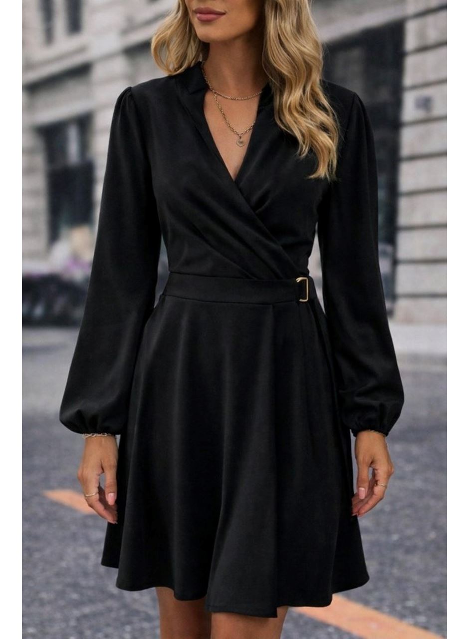 Kadın Uzun Kollu Hakim V Yakalı Yandan Toka Detaylı Ithal Mini Krep Elbise
