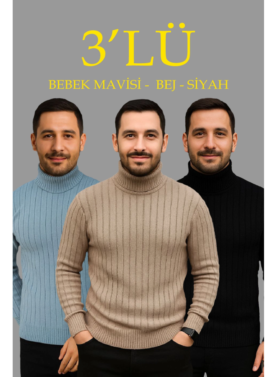 Erkek Fitilli Triko Kazak 3lÜ Set Bebek Mavisi Bej Siyah Regular Balıkcı Yaka Tam Boğazlı Triko Seti Modeli Kazak