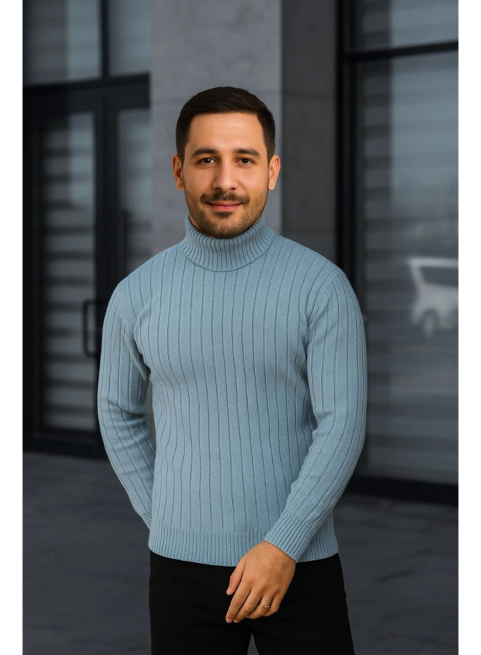 Erkek Fitilli Triko Kazak 2li Set Bebek Mavisi Siyah Regular Balıkcı Yaka Tam Boğazlı Triko Seti Modeli Kazak