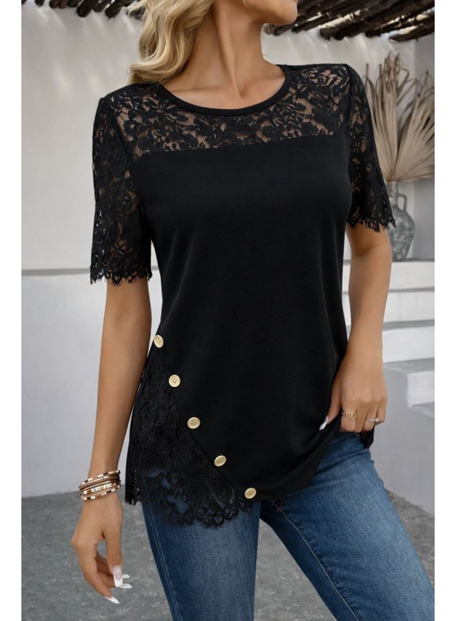 Kadın Kısa Kollu Dantel Detaylı Yandan Düğmeli Waffle Bluz