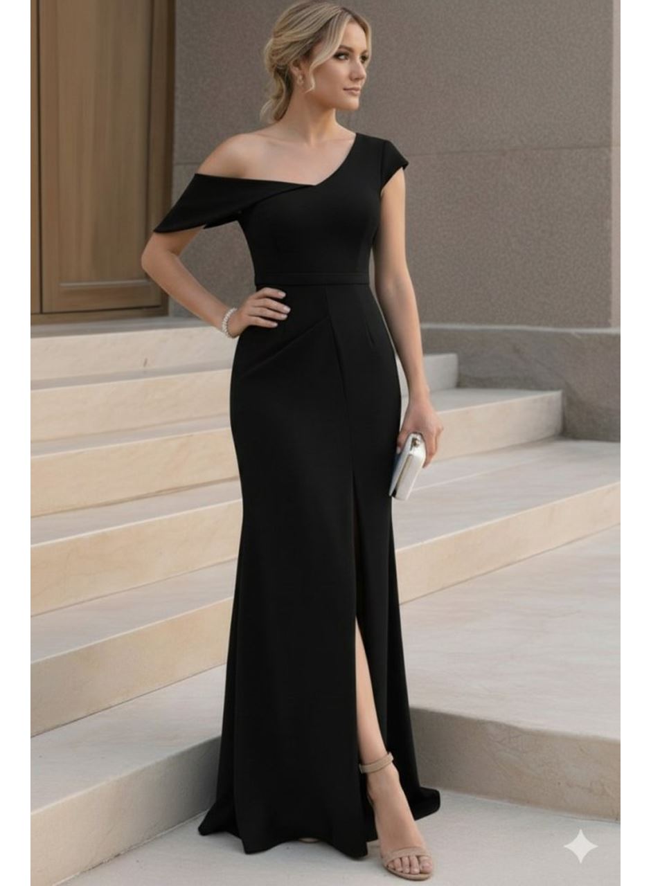 Kadın Tek Omzu Açık Kısa Kollu önden Yırtmaçlı Uzun Ithal Krep Elbise