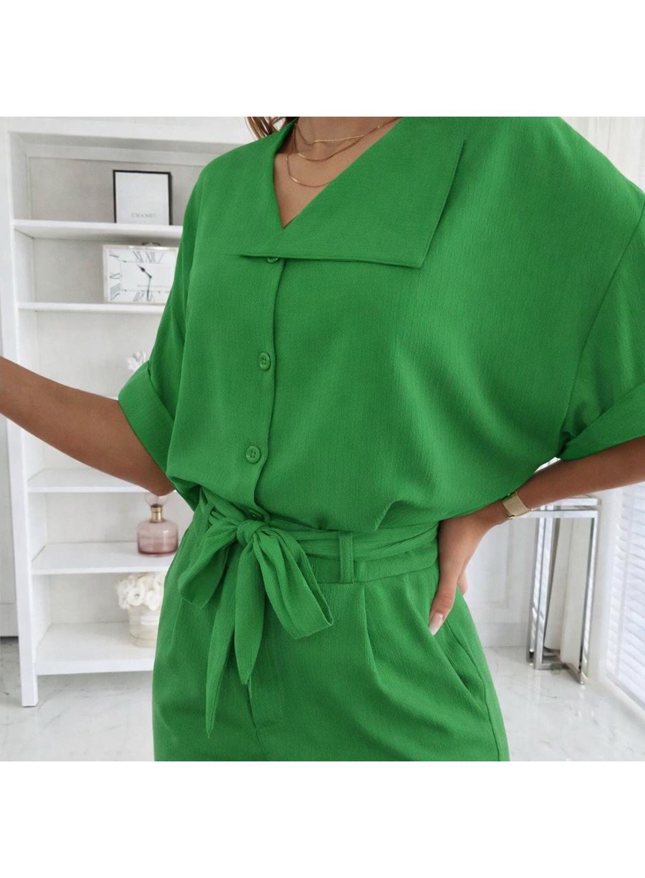 Kadın Kısa Kollu Yakalı önden Düğmeli Bürümcük Bluz Ve Pantolon Ikili Takım