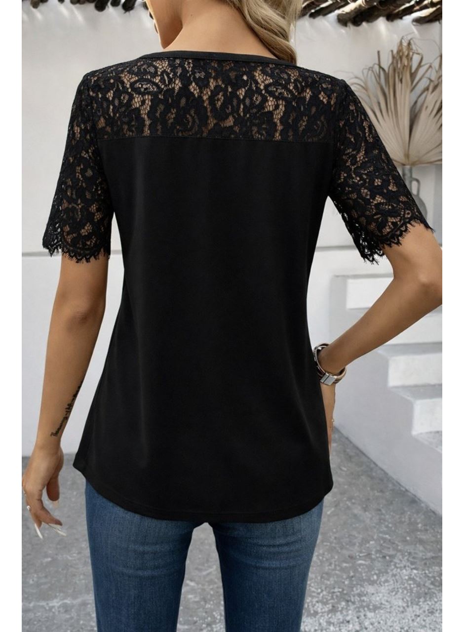 Kadın Kısa Kollu Dantel Detaylı Yandan Düğmeli Waffle Bluz