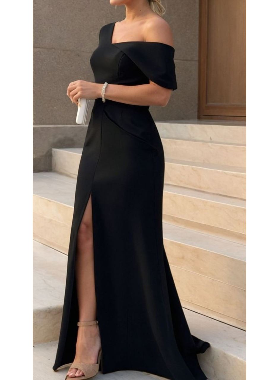 Kadın Tek Omzu Açık Kısa Kollu önden Yırtmaçlı Uzun Ithal Krep Elbise