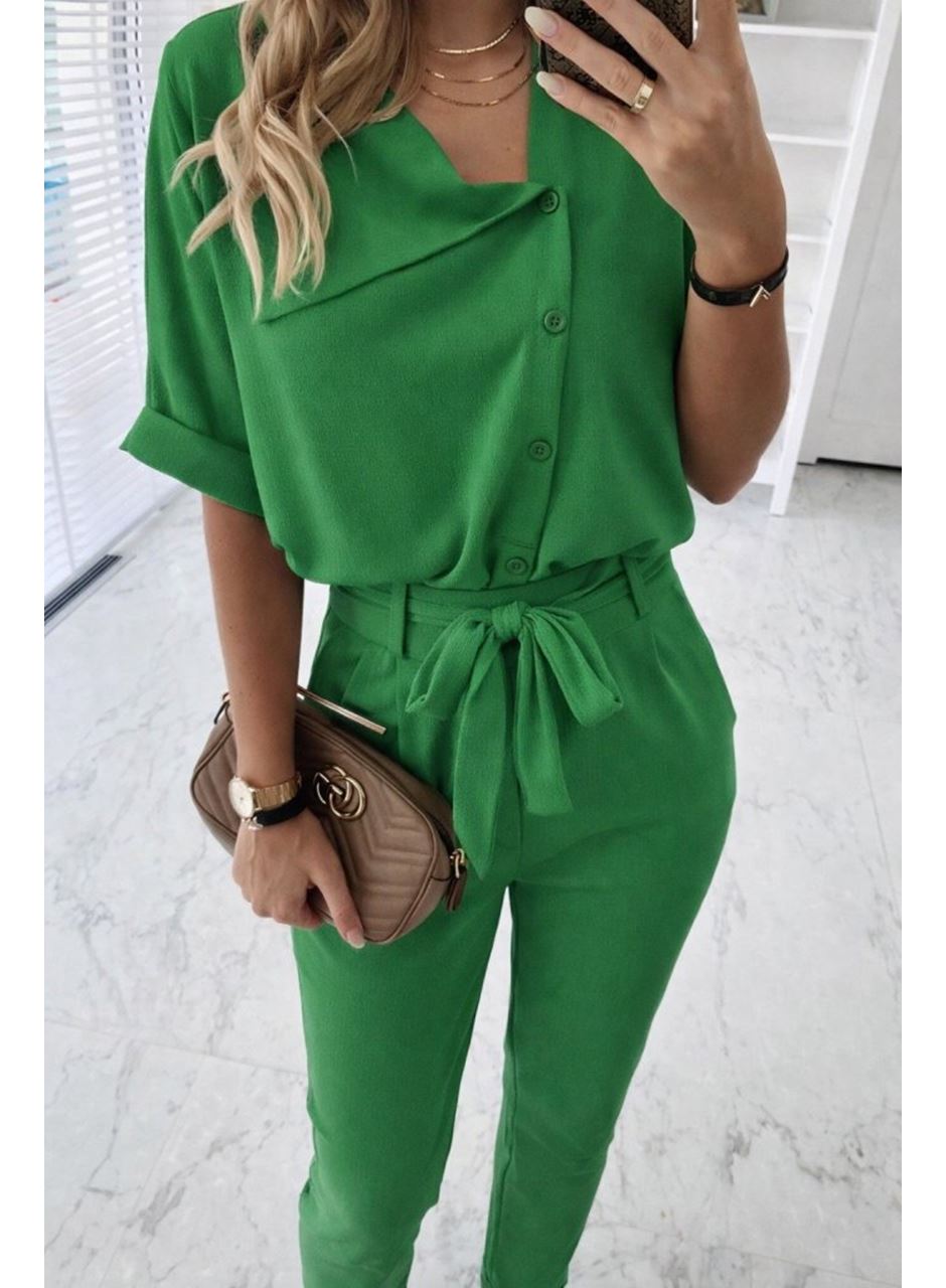 Kadın Kısa Kollu Yakalı önden Düğmeli Bürümcük Bluz Ve Pantolon Ikili Takım