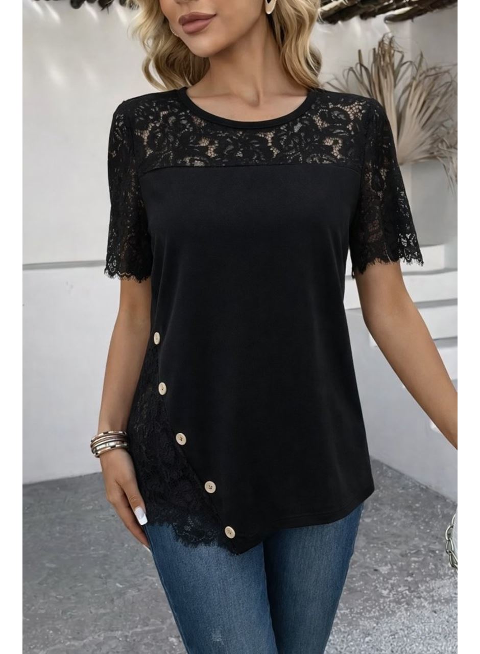 Kadın Kısa Kollu Dantel Detaylı Yandan Düğmeli Waffle Bluz